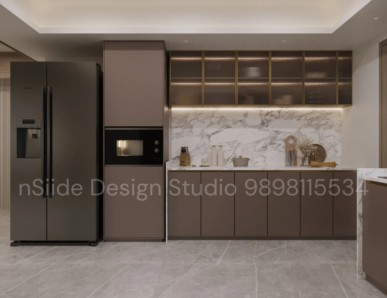 Luxury modular kitchen with marble backsplash, glass upper cabinets, integrated appliances, soft lighting, and modern neutral tones