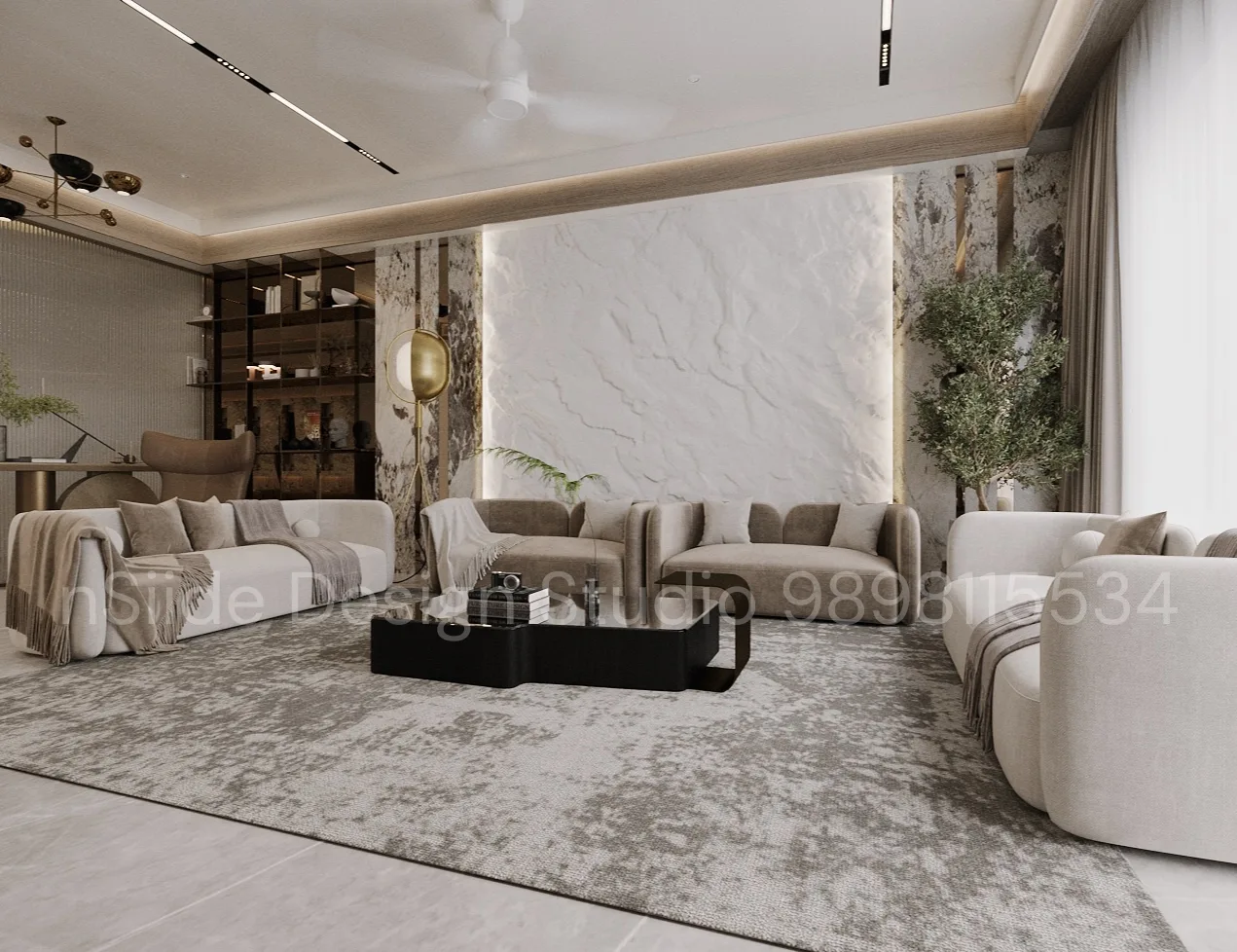 Modern luxury living room with sculpted sofas, statement coffee table, textured rug, marble backdrop, and soft ambient lighting