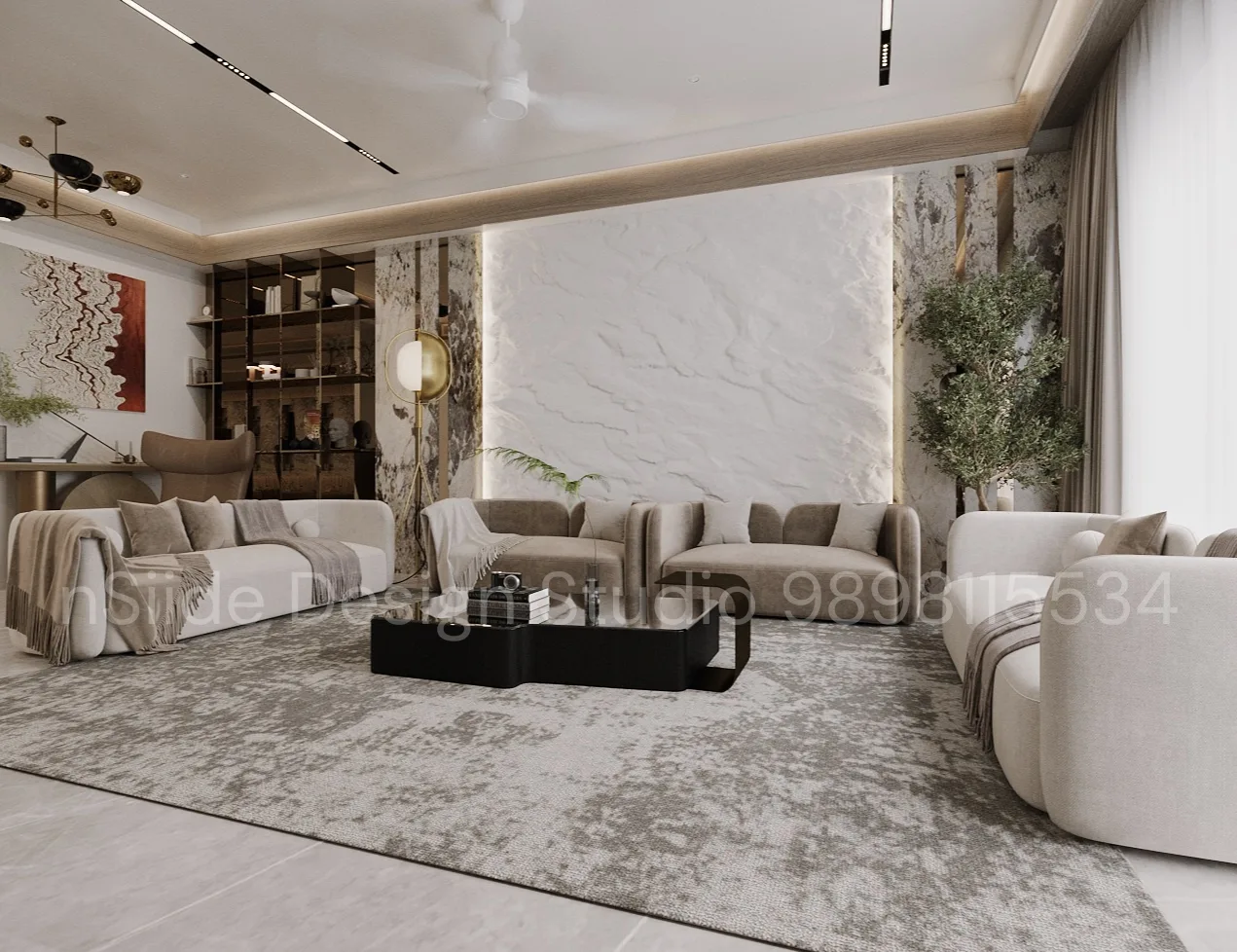 Contemporary living room interior with neutral furniture, designer lighting, marble accent wall, indoor plants, and balanced modern aesthetics