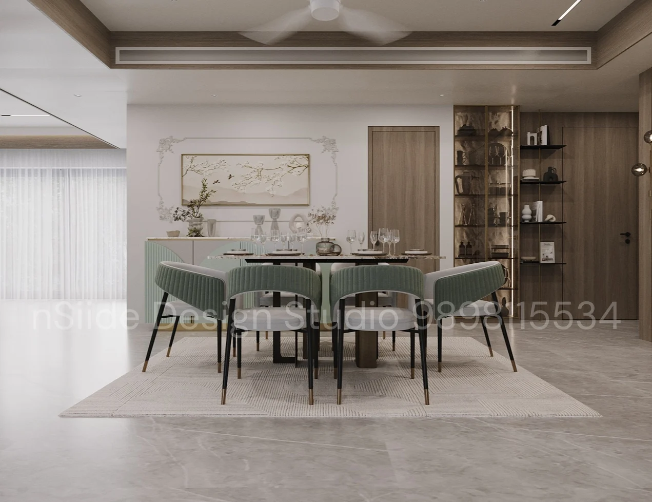 Elegant dining room interior design with modern dining table, upholstered chairs, decorative wall art, and glass display cabinet