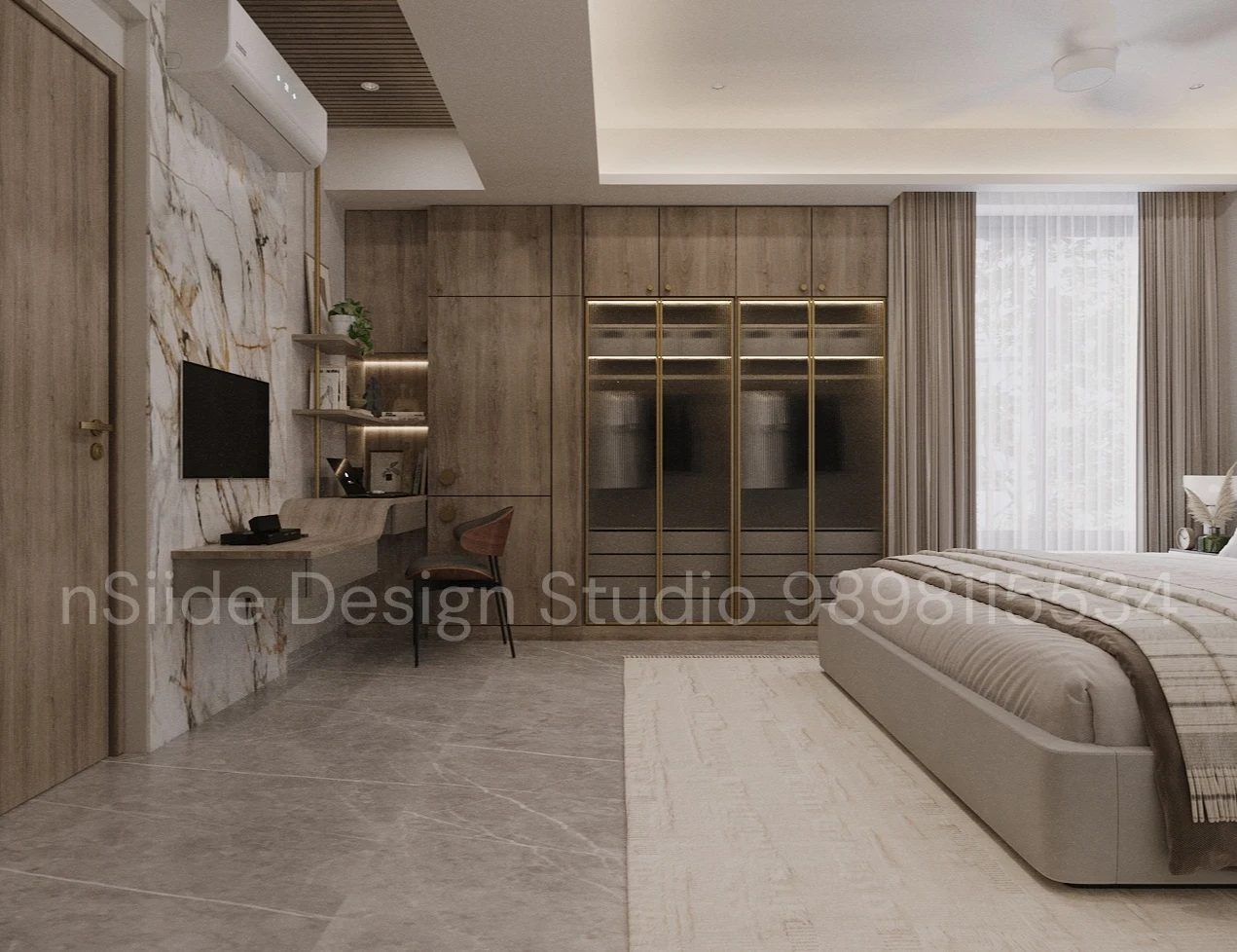 Luxury bedroom interior design featuring an upholstered bed, soft neutral palette, ambient ceiling lighting, and elegant wall panels