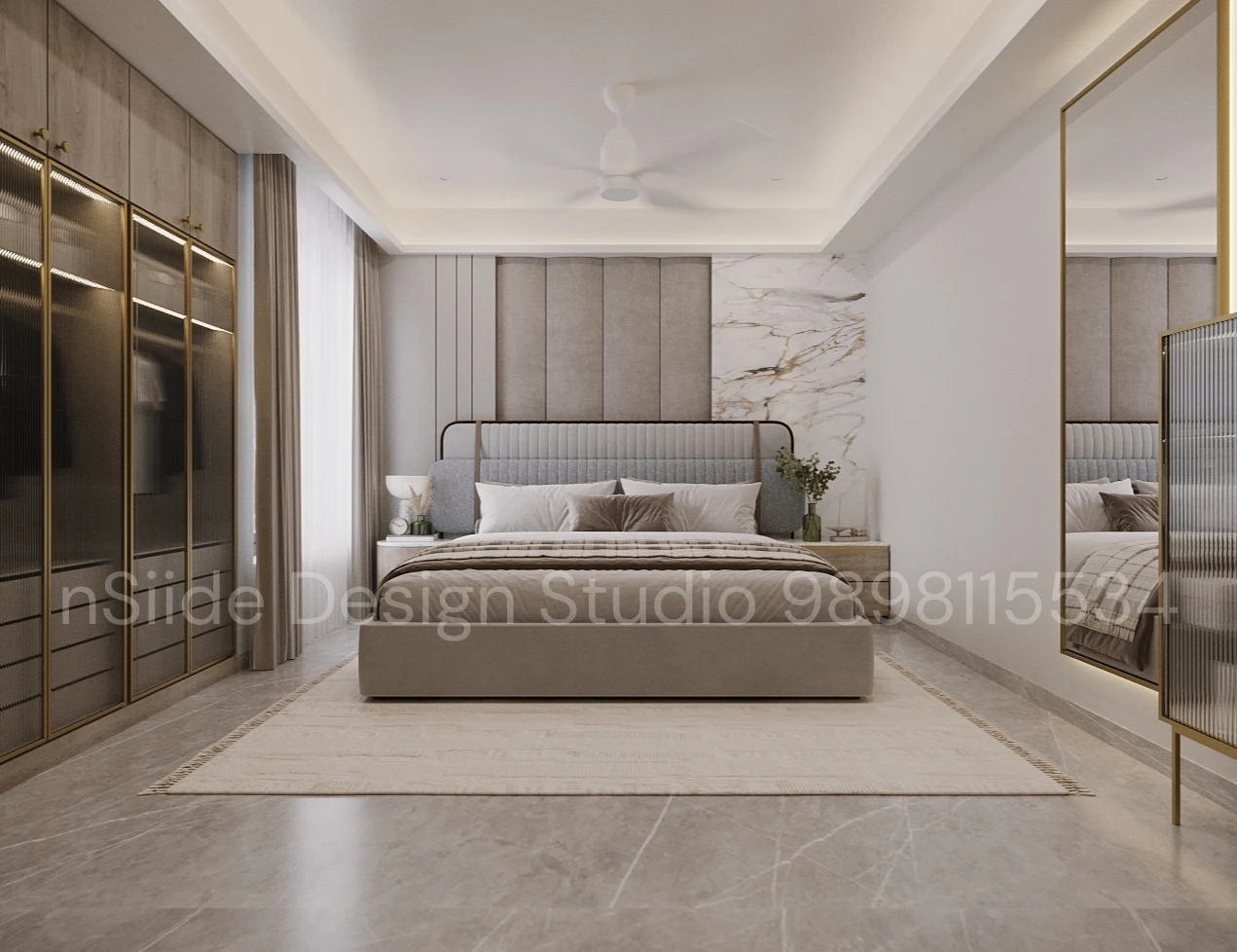 Modern master bedroom interior design with custom wooden wardrobe, wall-mounted TV unit, marble finishes, and warm lighting