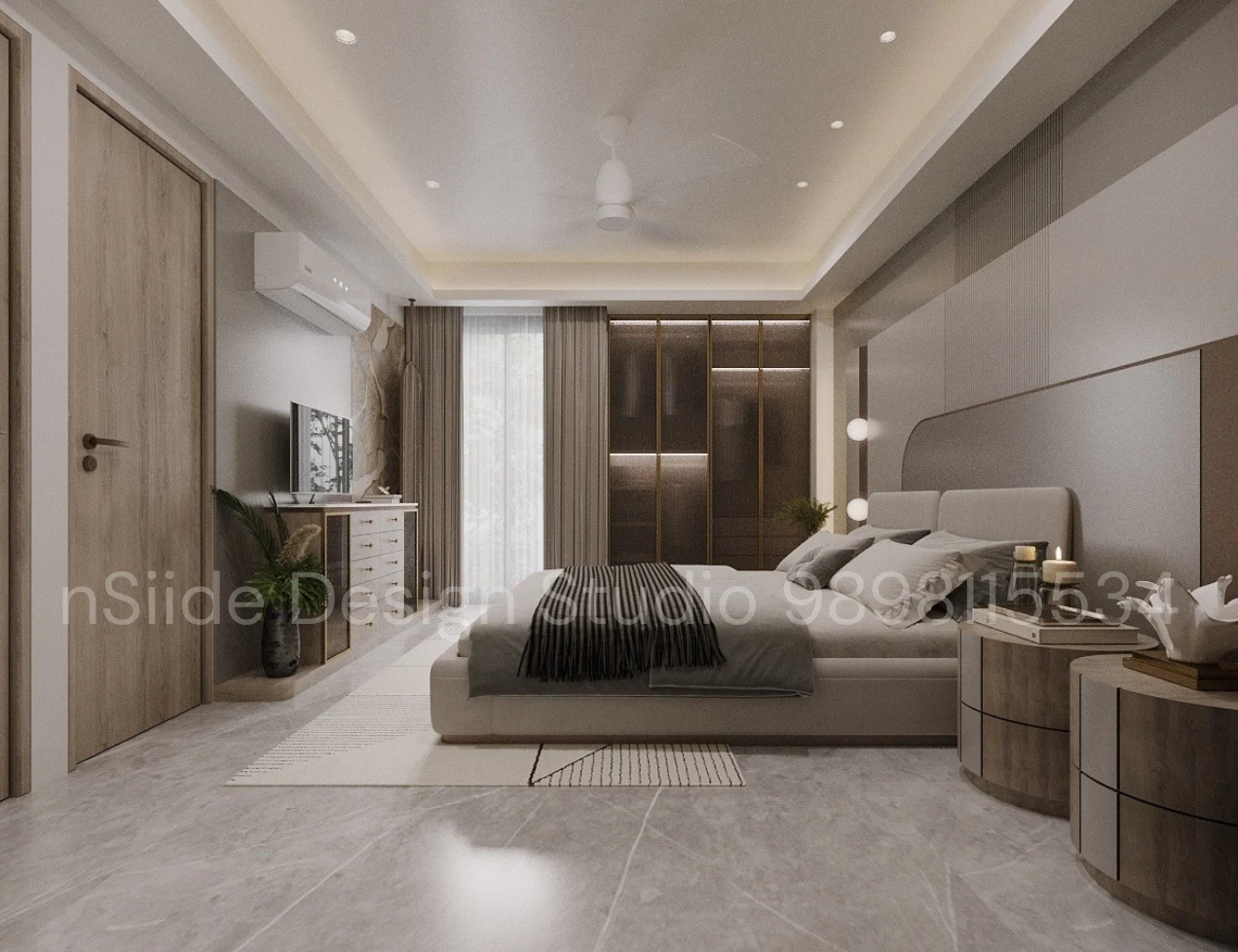 Contemporary bedroom interior design showcasing neutral colors, minimalist furniture, soft textiles, and clean architectural lines