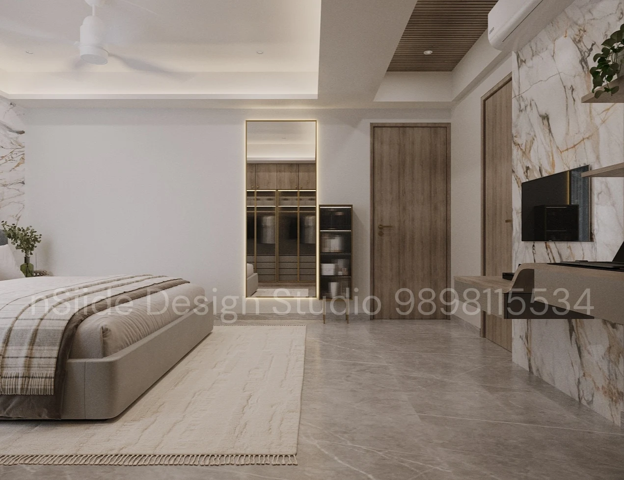 Luxury bedroom interior design featuring textured wall panels, custom storage units, soft lighting, and refined modern aesthetics