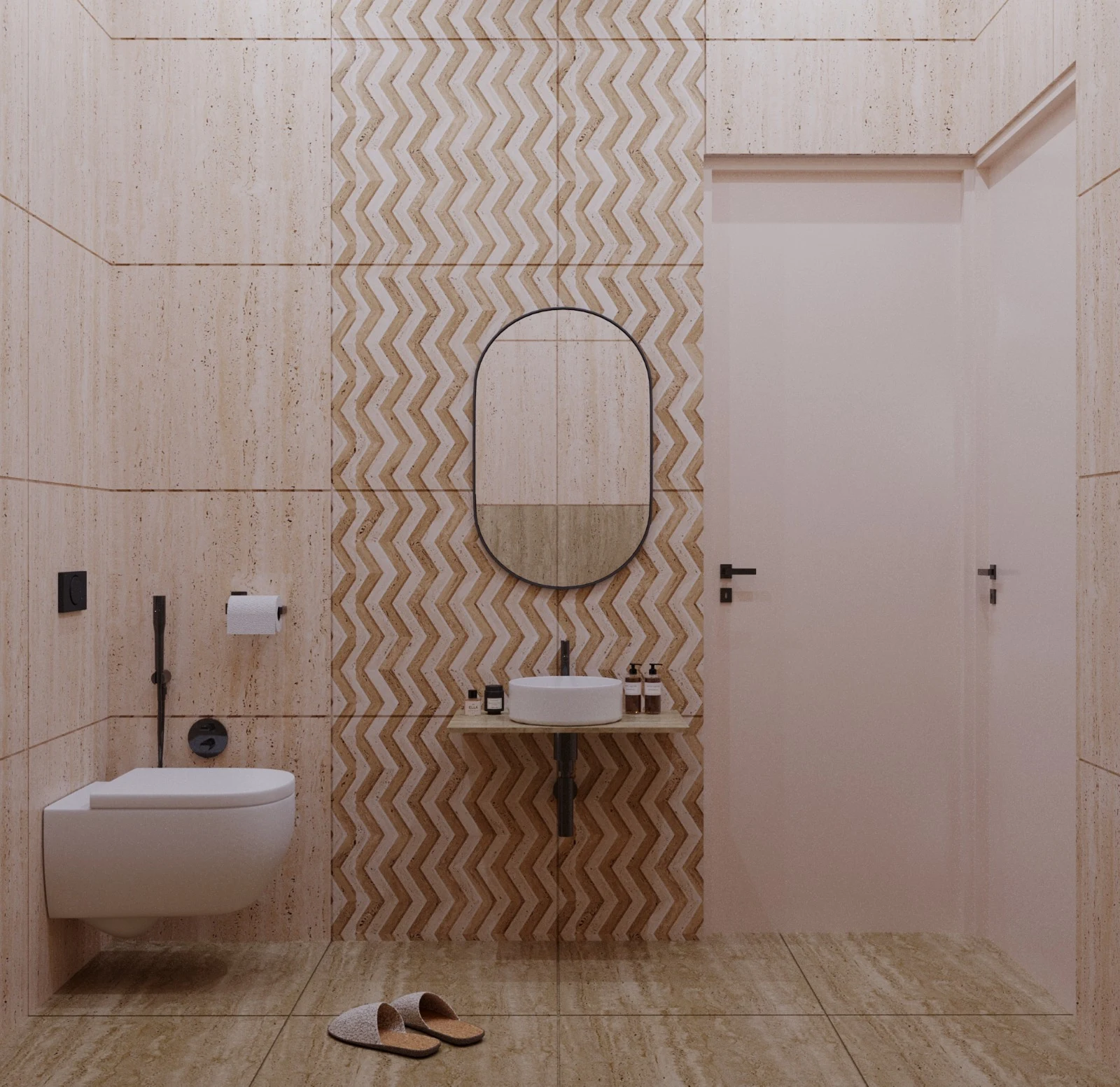 Elegant bathroom with beige wall tiles, chevron pattern accent wall, oval mirror, wall mounted toilet and compact wash basin