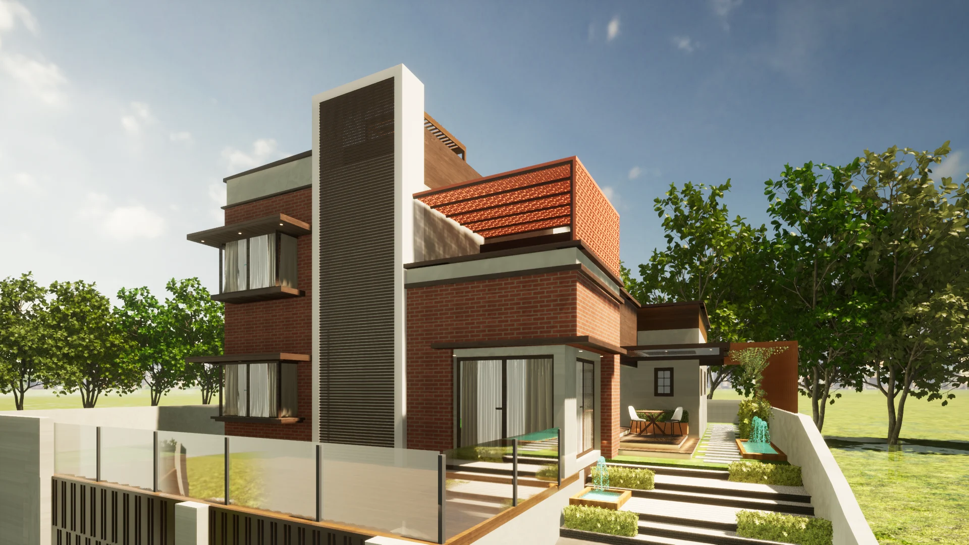 Modern two storey house exterior with brick facade glass railing terrace pergola and landscaped entry pathway