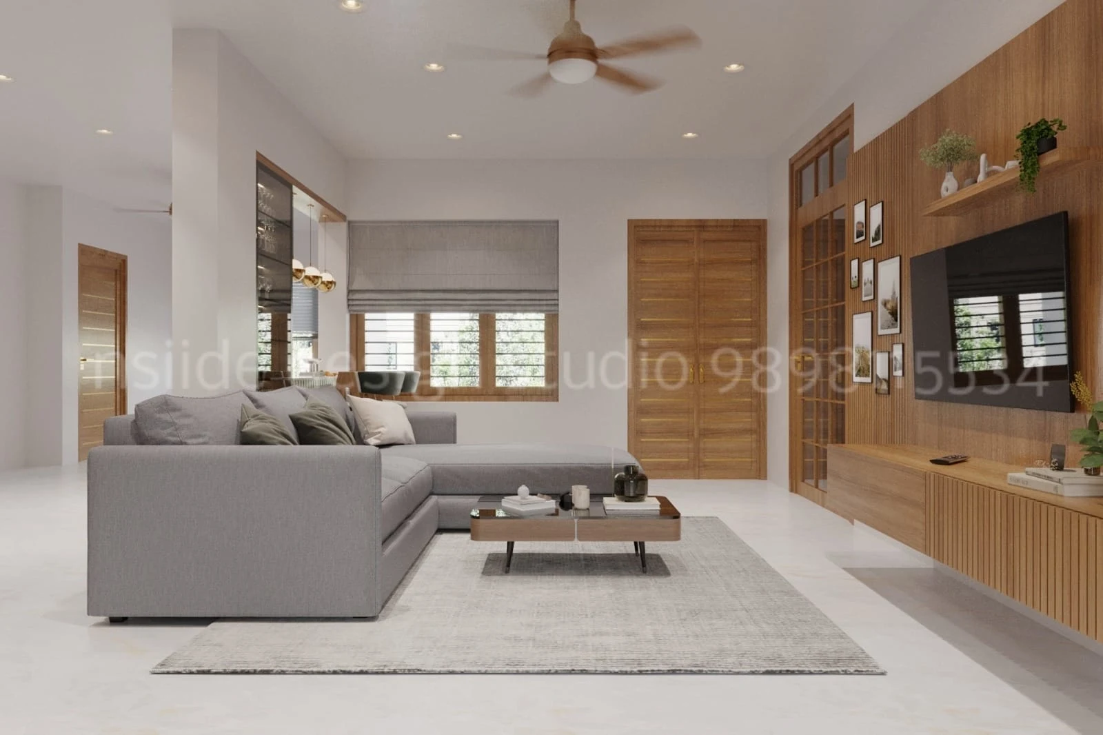 Contemporary living room featuring grey sectional sofa, wooden TV wall panel, floating console, and modern decor elements