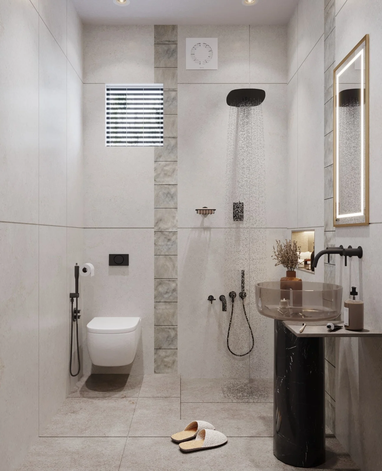 Compact bathroom design featuring wall mounted WC, overhead rain shower, black fittings, illuminated mirror and minimalist grey tile finish
