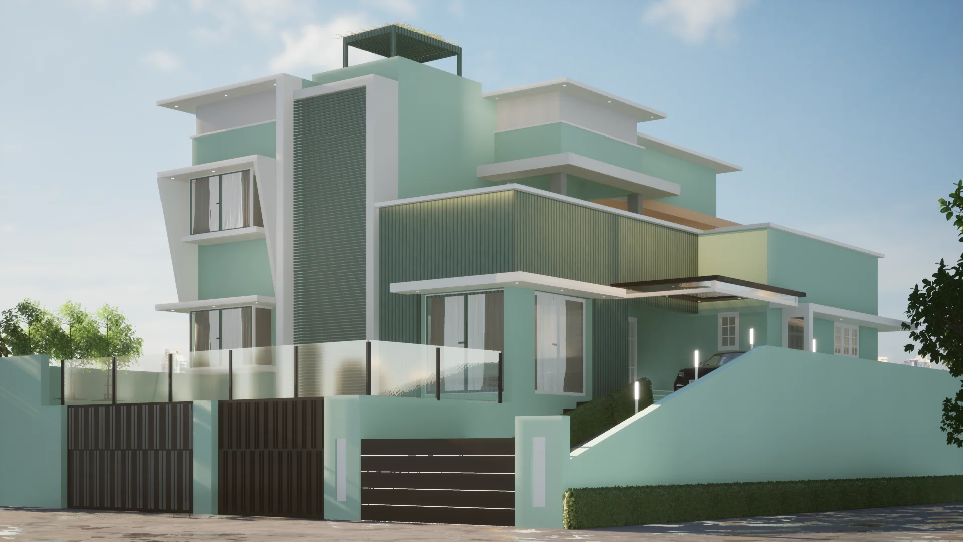 Contemporary house exterior with green facade, compound gate, balcony railing, clean geometry, and modern architectural style