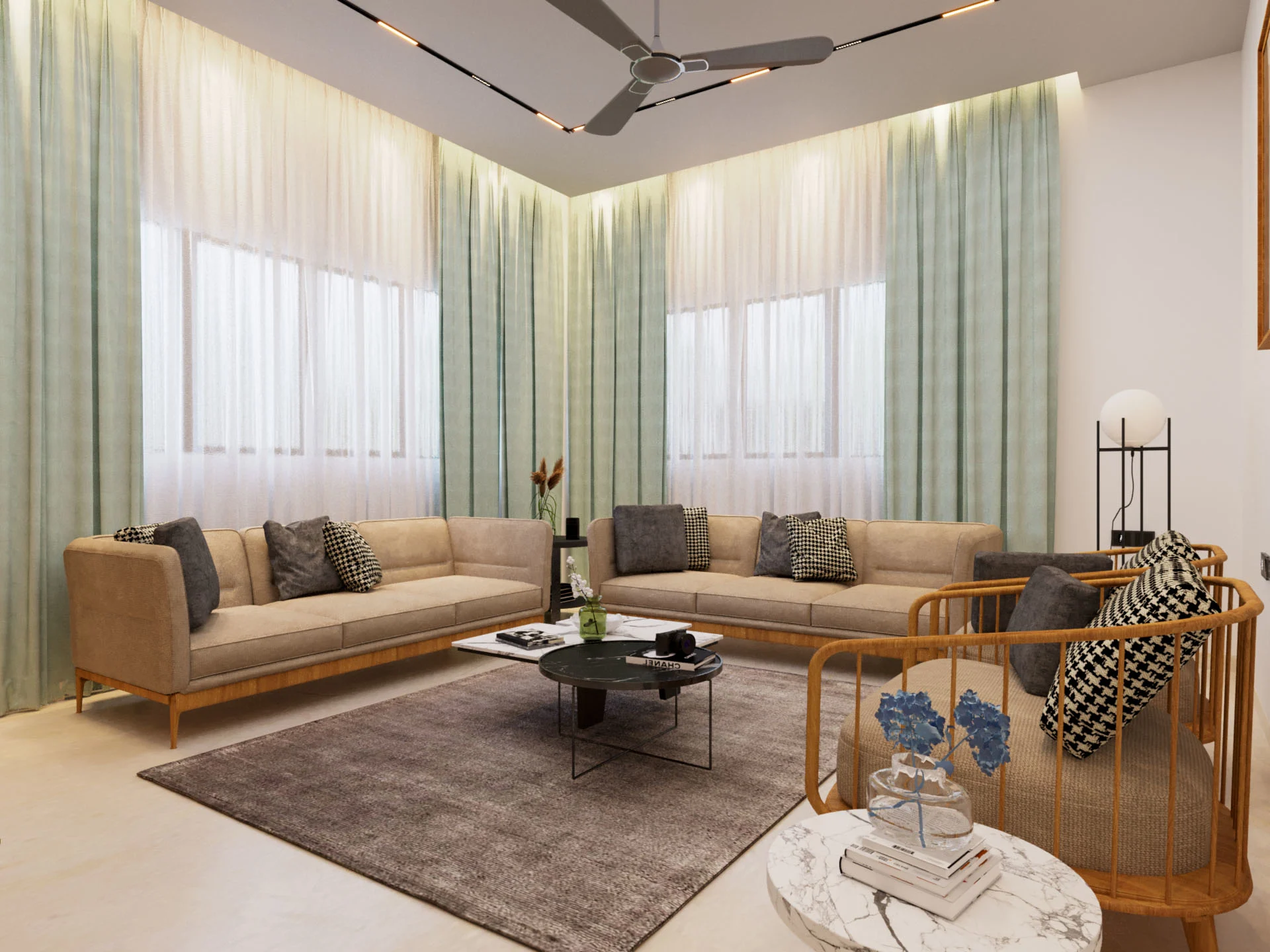 Modern corner living room seating with beige sofas, wooden accent chair, round coffee table, rug, and light filled space