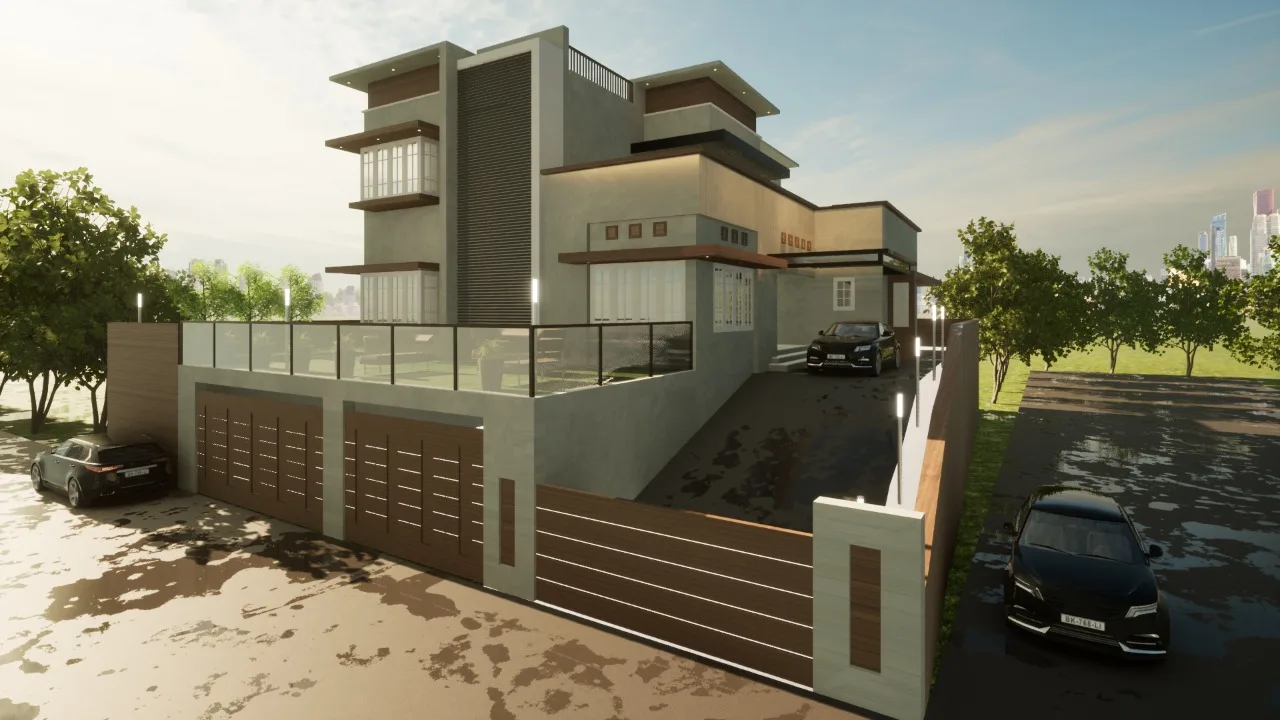 Modern bungalow exterior design with clean architecture, compound wall, gate design, driveway, and landscaped surroundings