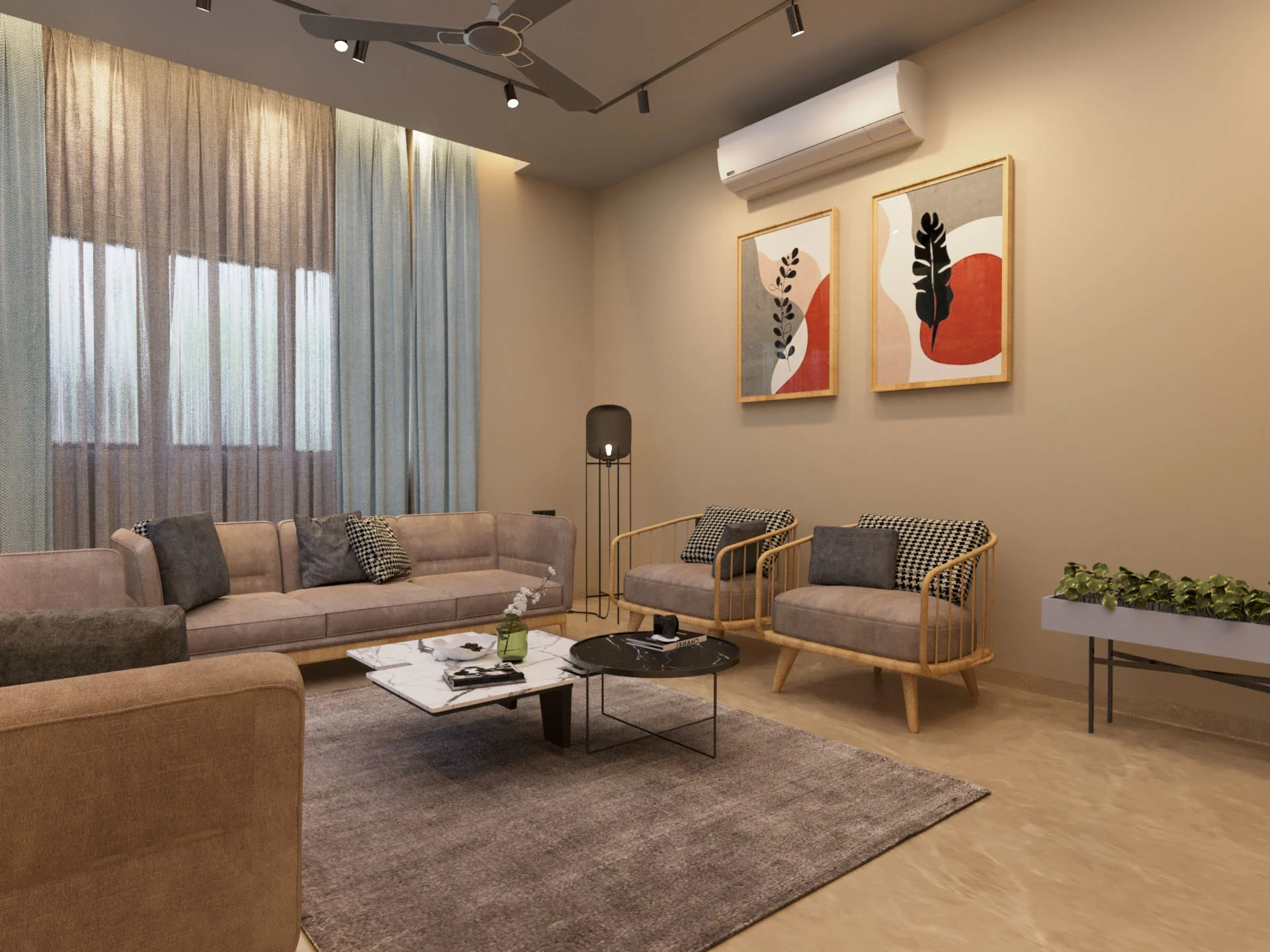 Contemporary living room with beige sofa, wooden chairs, decorative wall art, marble side table, and minimal decor styling