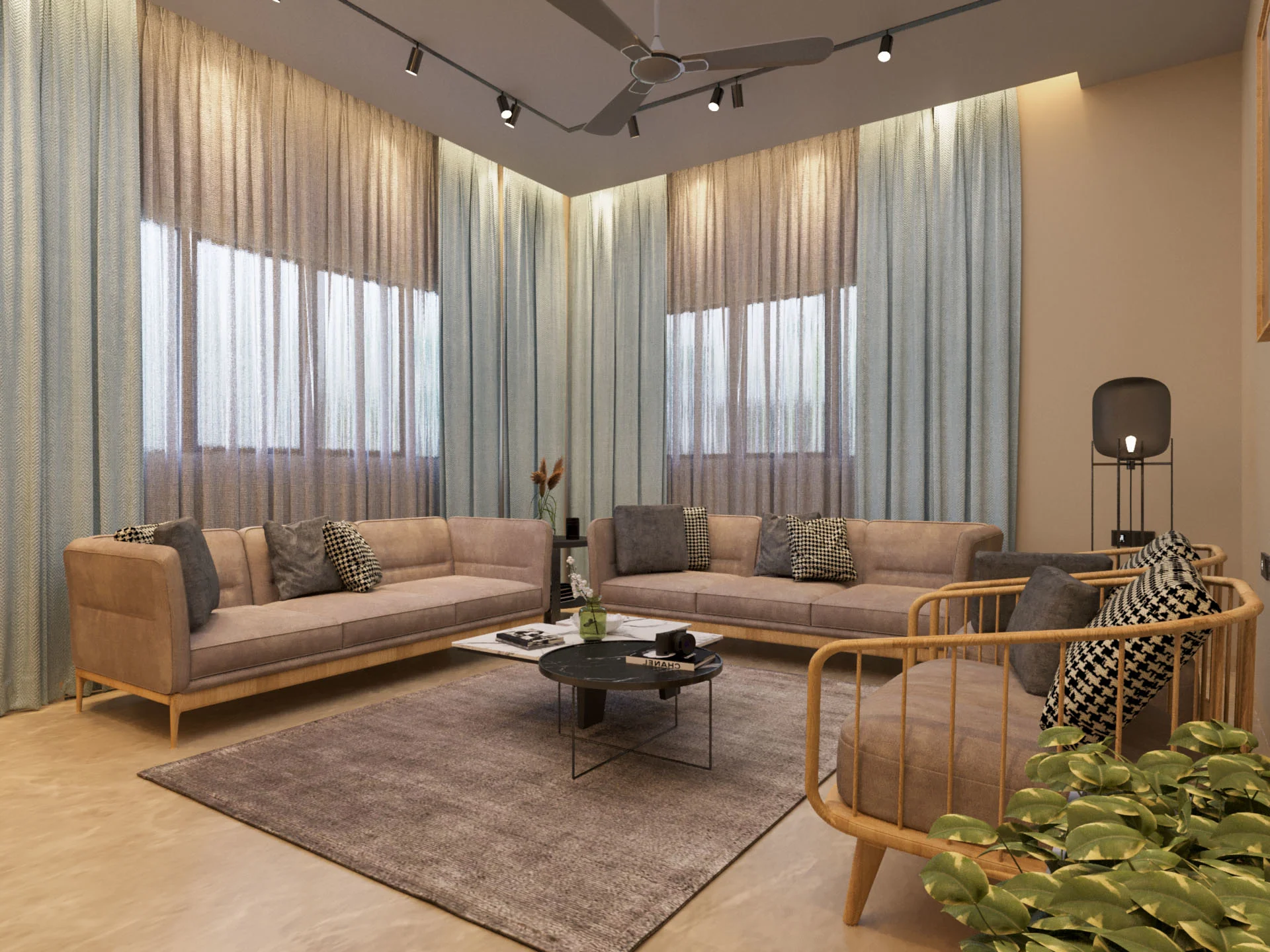 Modern living room interior featuring beige sofas, wooden accent chairs, marble coffee table, soft curtains, and warm lighting