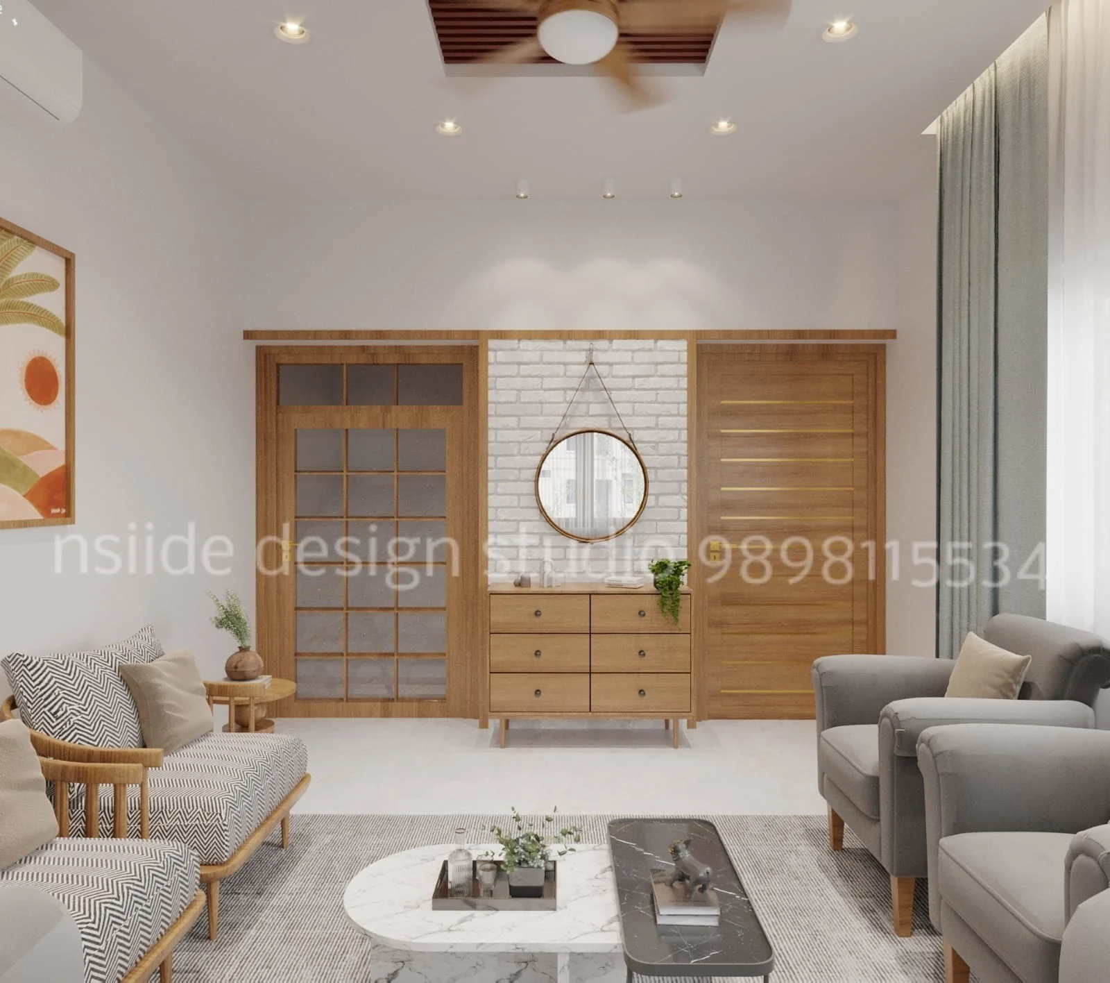 Scandinavian style living room with white brick accent wall, wooden furniture, neutral sofas, and modern ceiling lighting