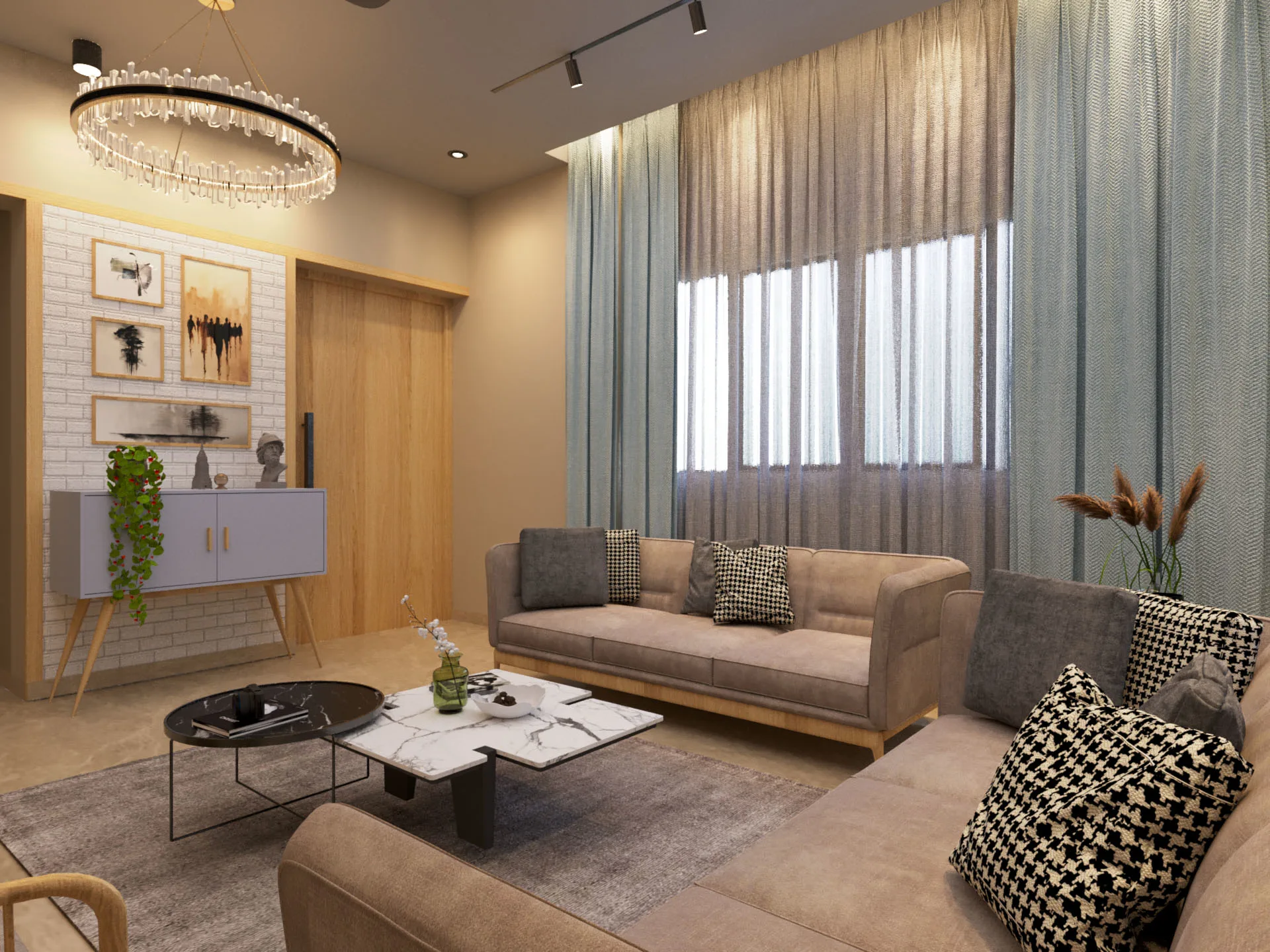Contemporary living room with wooden console table, round mirror, marble center table, neutral sofa, and elegant lighting design