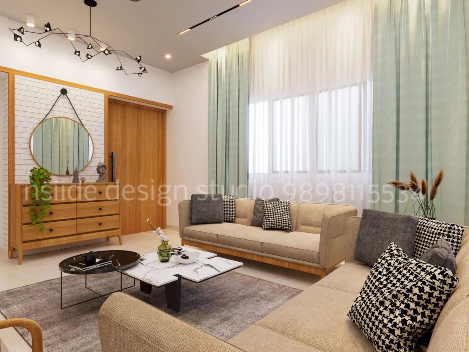 Modern living room interior showcasing wooden console table, round mirror, beige sofa, marble coffee table, and soft lighting