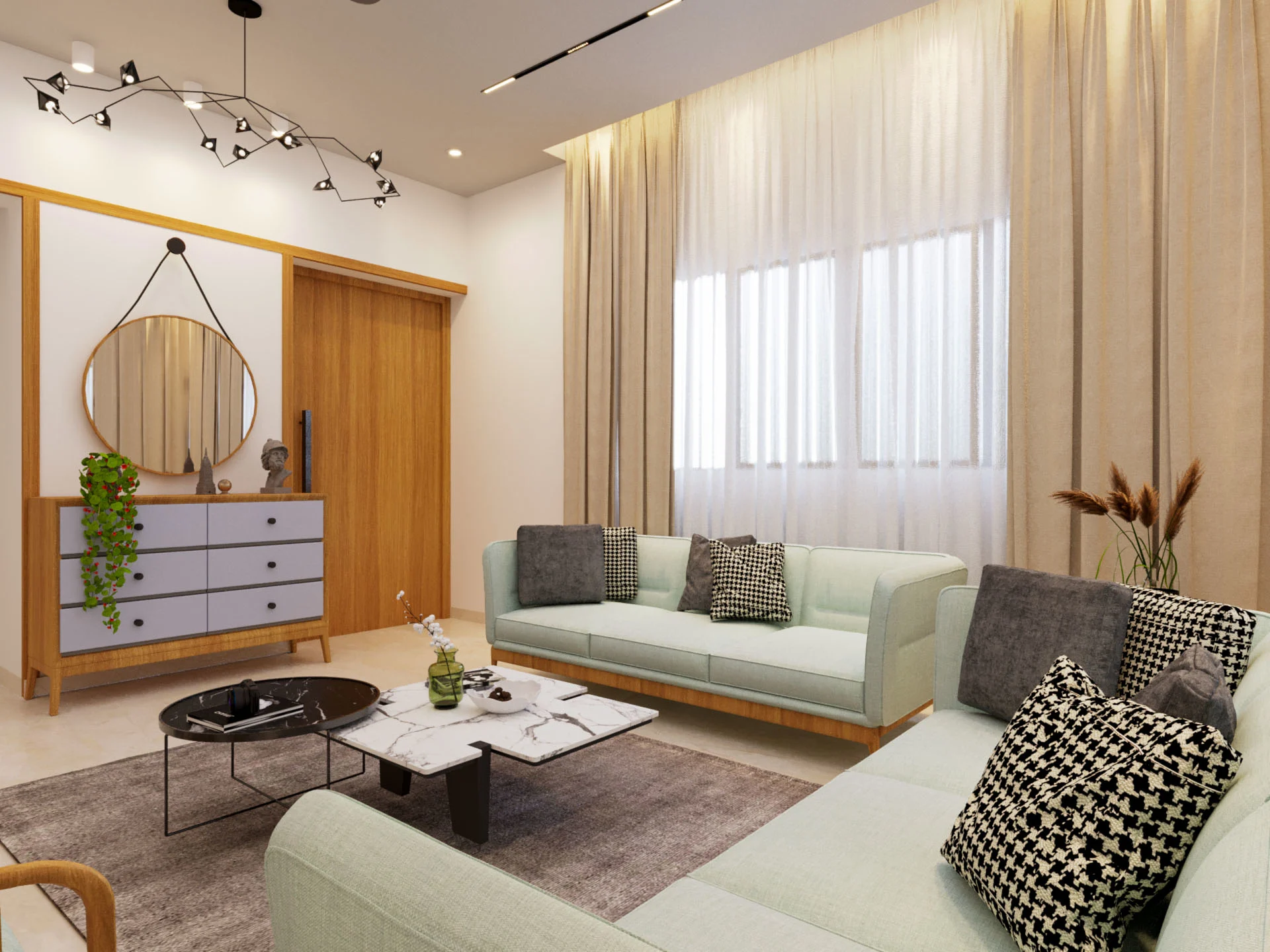 Modern living room featuring wooden console with mirror, mint green sofa, marble coffee table, and soft natural light