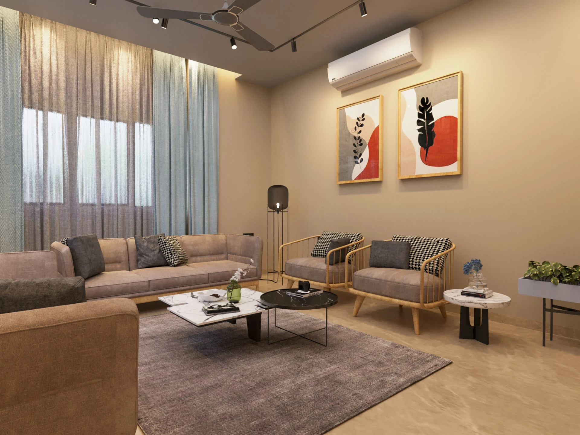 Stylish living room interior with beige sofa set, wooden armchairs, abstract wall paintings, indoor plants, and warm lighting