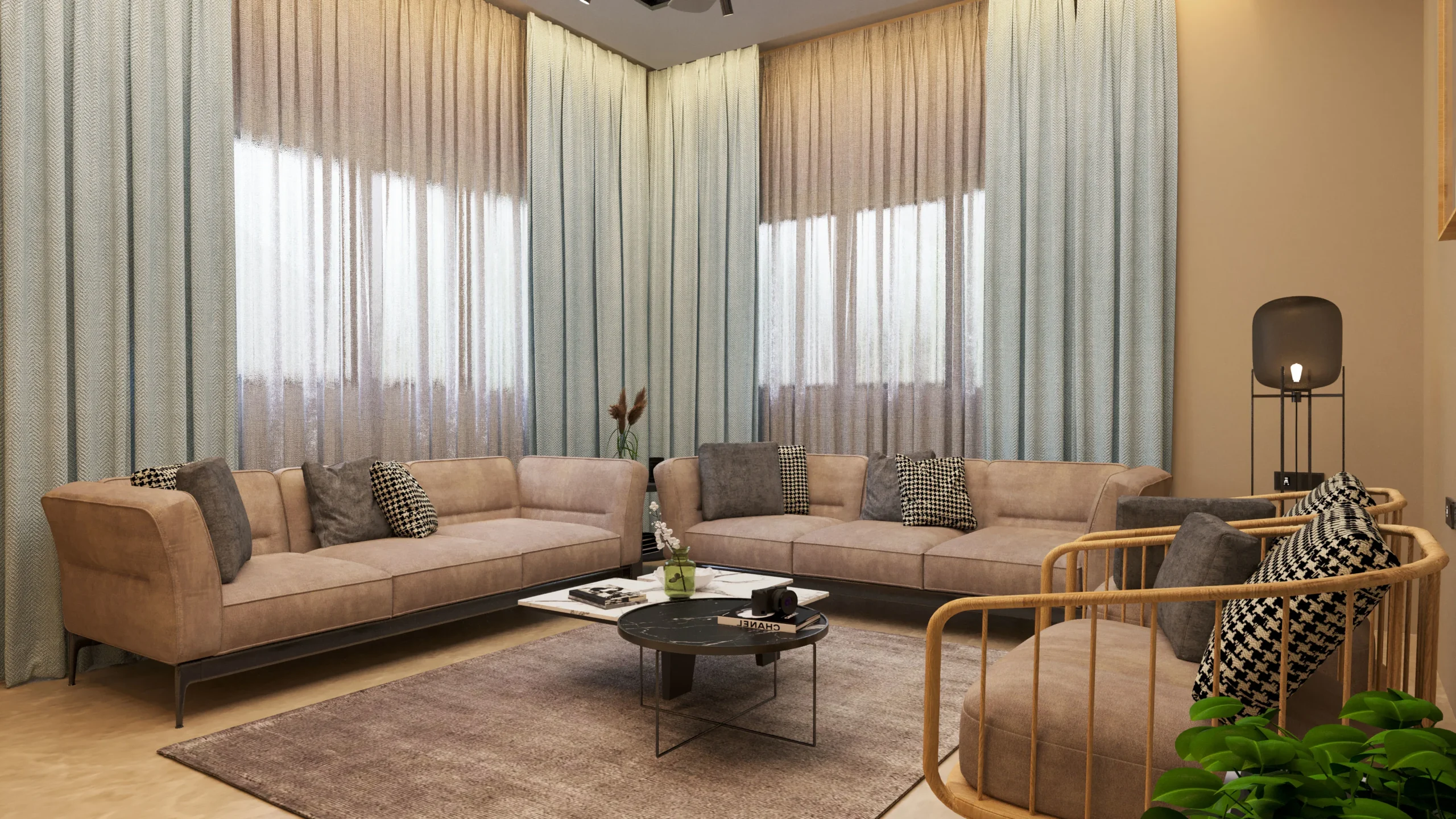 Elegant living room interior with neutral sofa set, textured curtains, center table, accent cushions, and cozy seating layout
