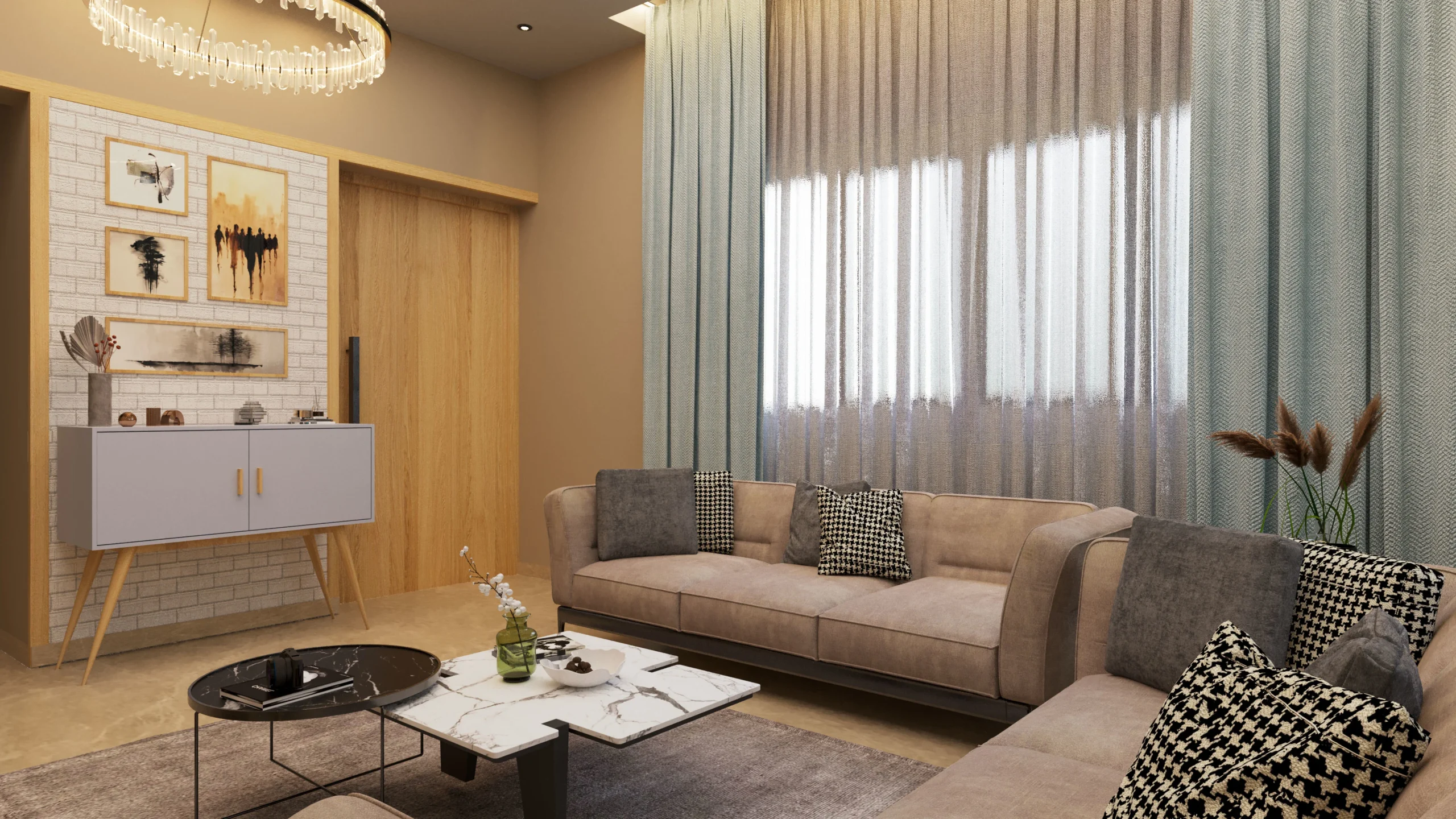 Contemporary living room with wooden console unit, wall art, beige sofa, marble coffee table, and soft natural lighting