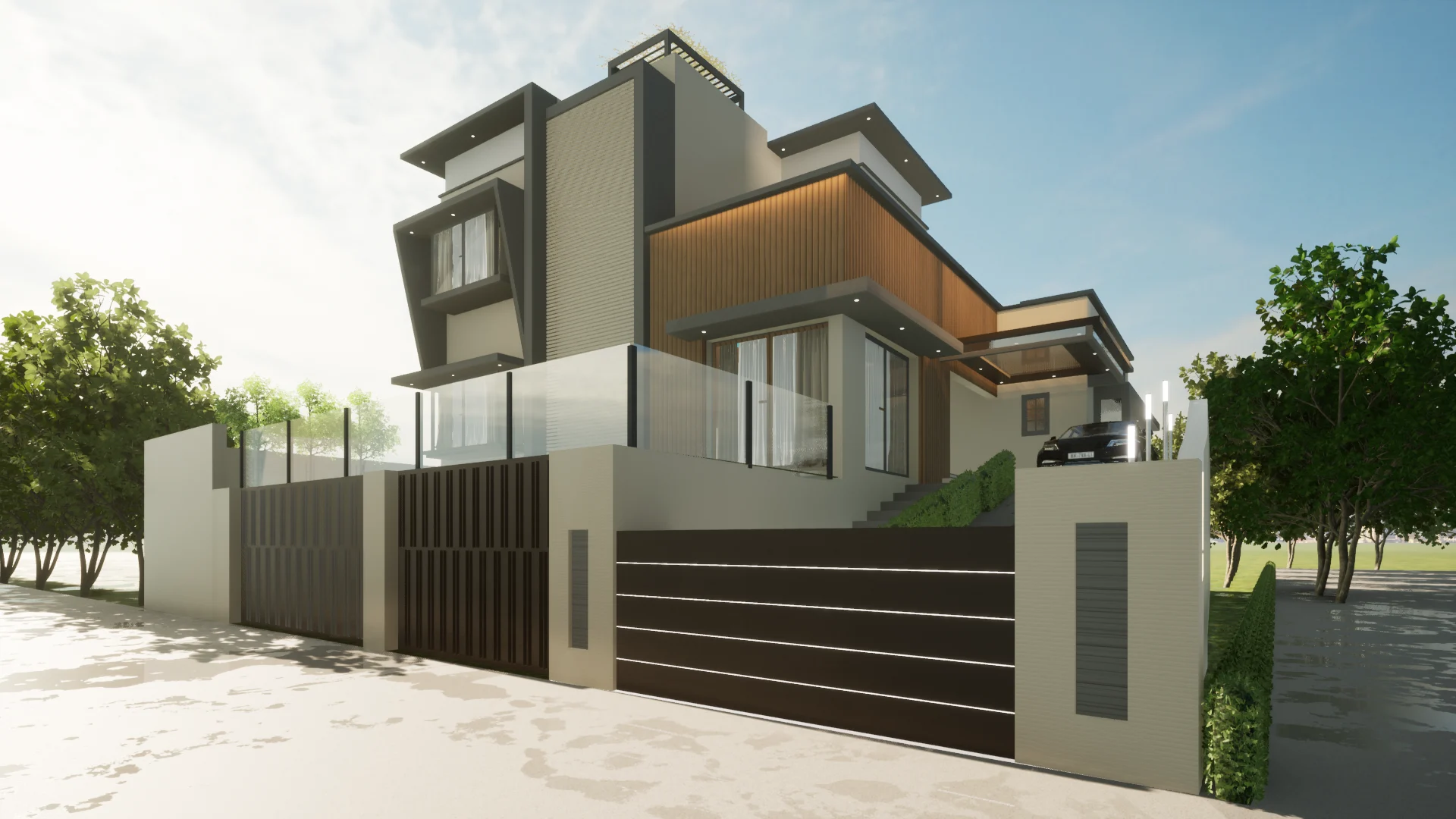Luxury modern house exterior with wooden cladding, glass balcony, compound wall, driveway lighting, and premium elevation design