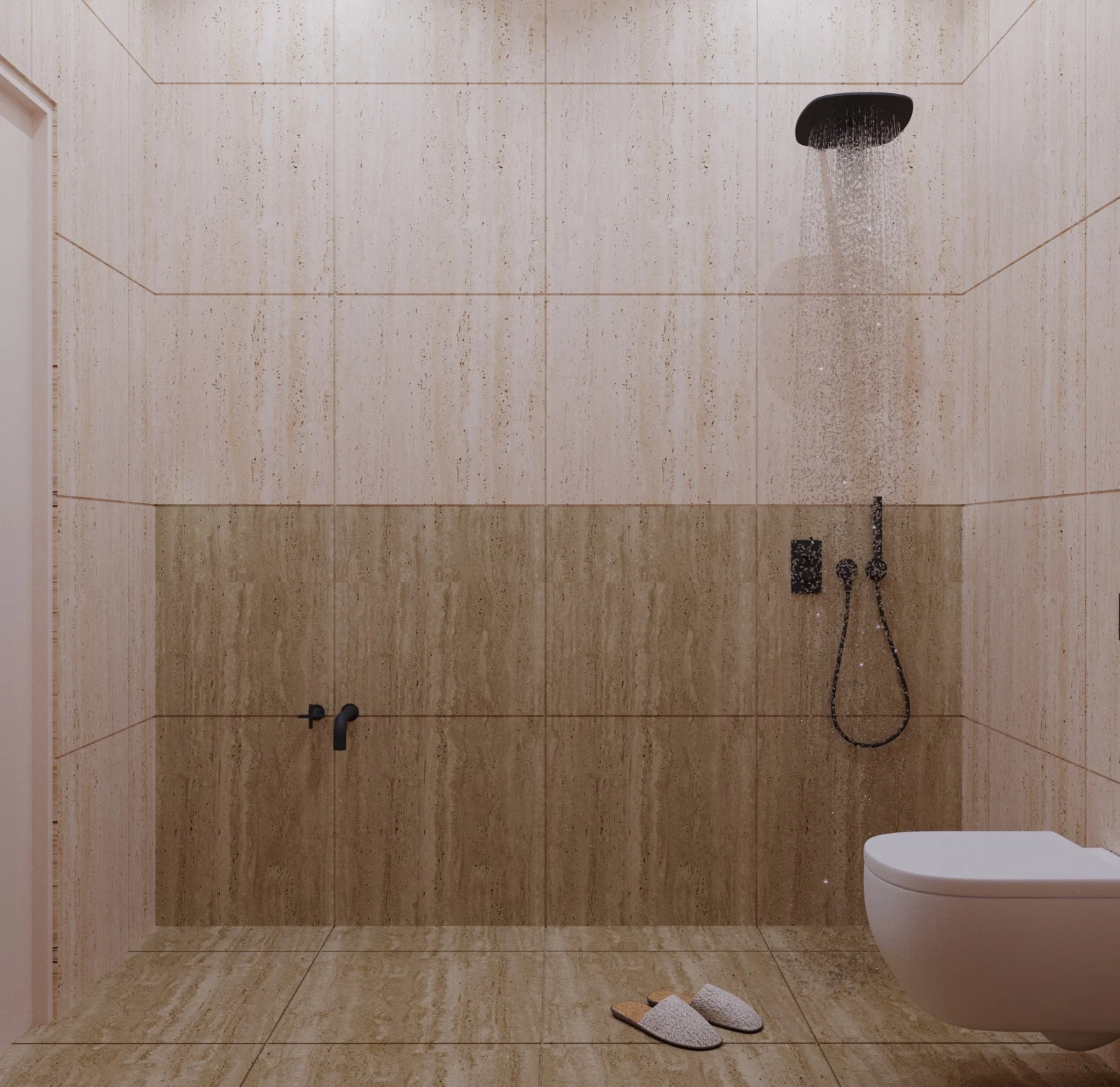 Luxury bathroom shower area with stone finish tiles, rainfall shower, wall mounted fixtures, and clean minimal layout