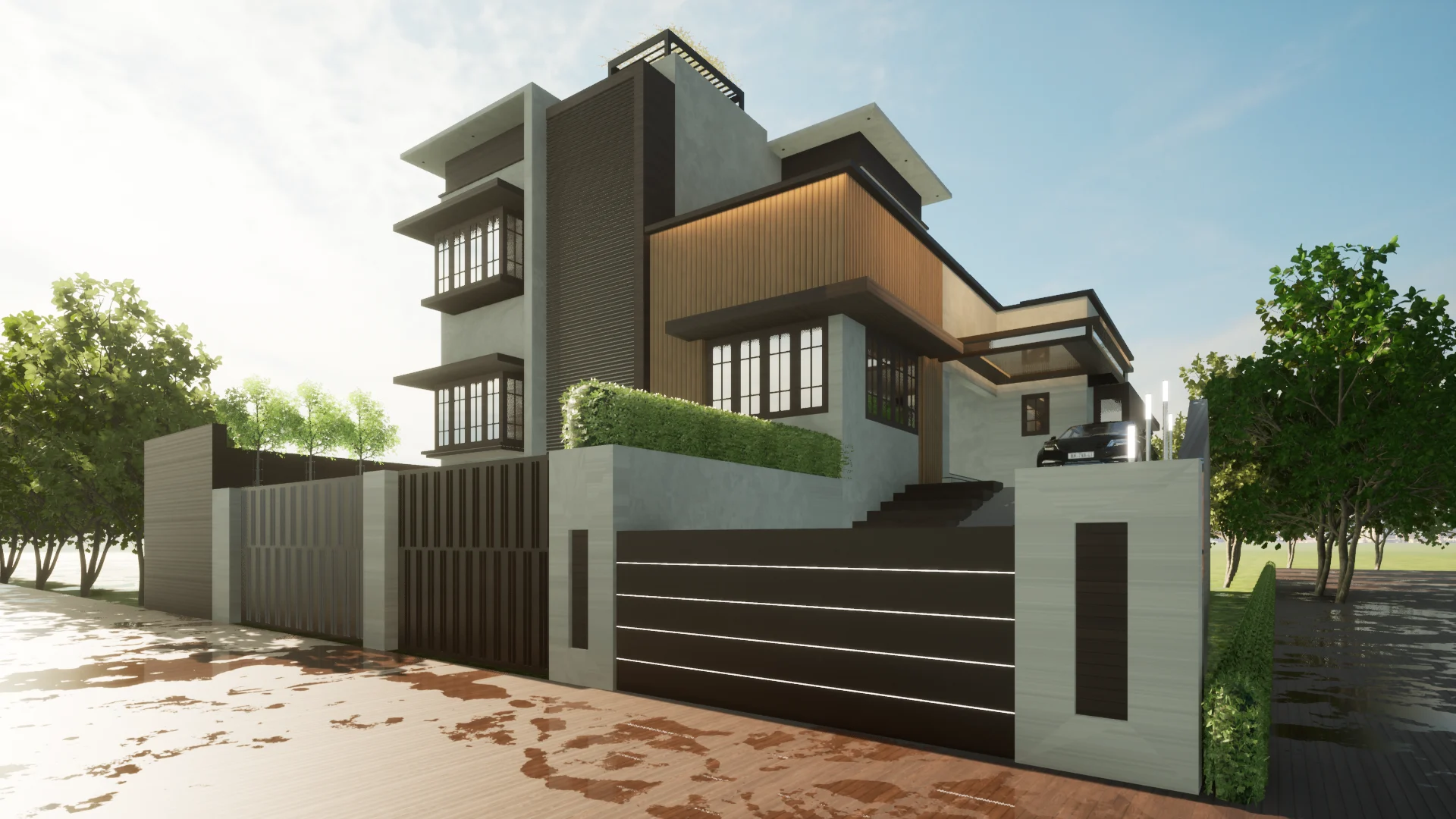 Luxury villa exterior featuring premium elevation design, wooden cladding, balcony glass, driveway lighting, and greenery