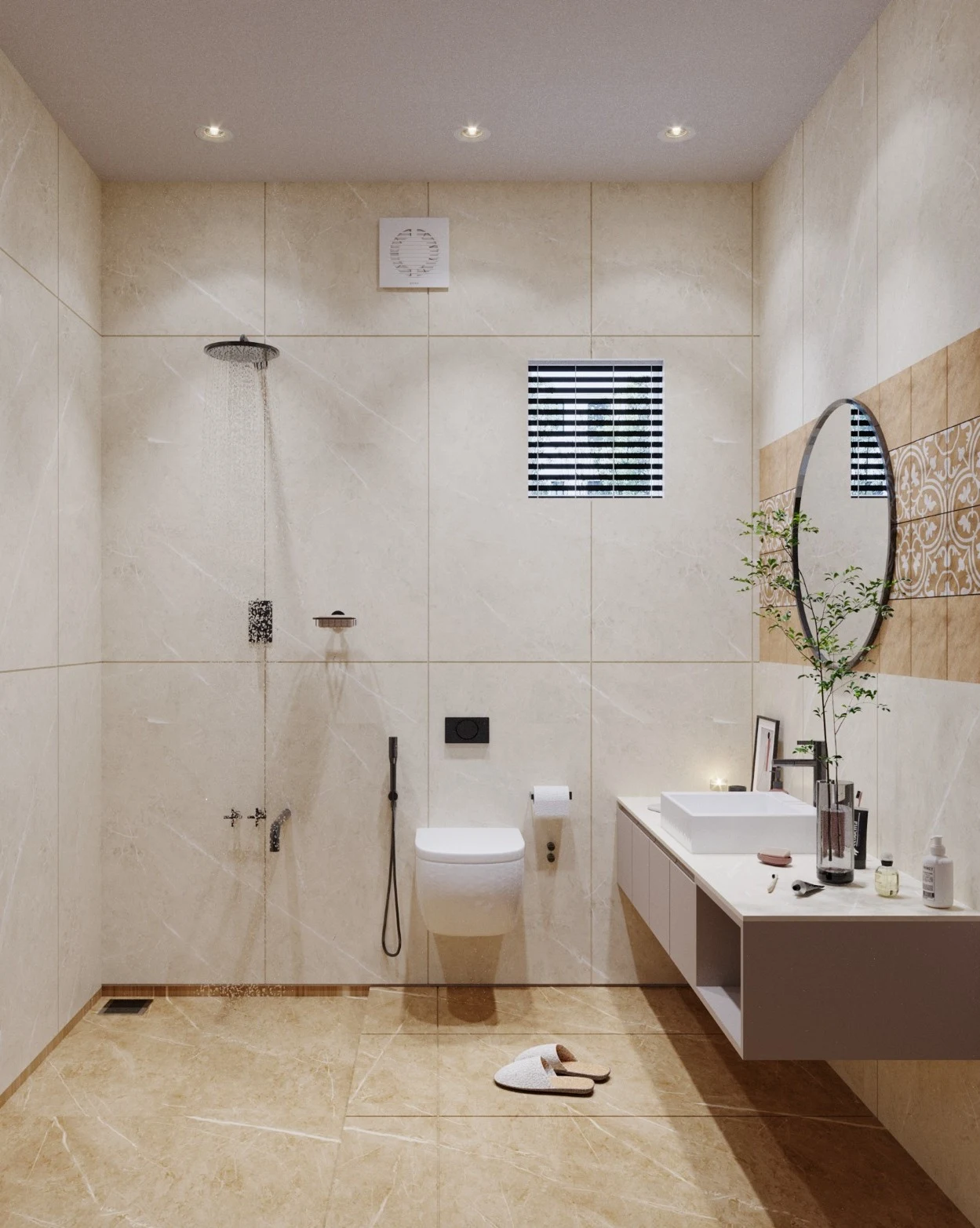 Minimal cream bathroom with rain shower, wall mounted toilet, pedestal basin, LED framed mirror and niche storage