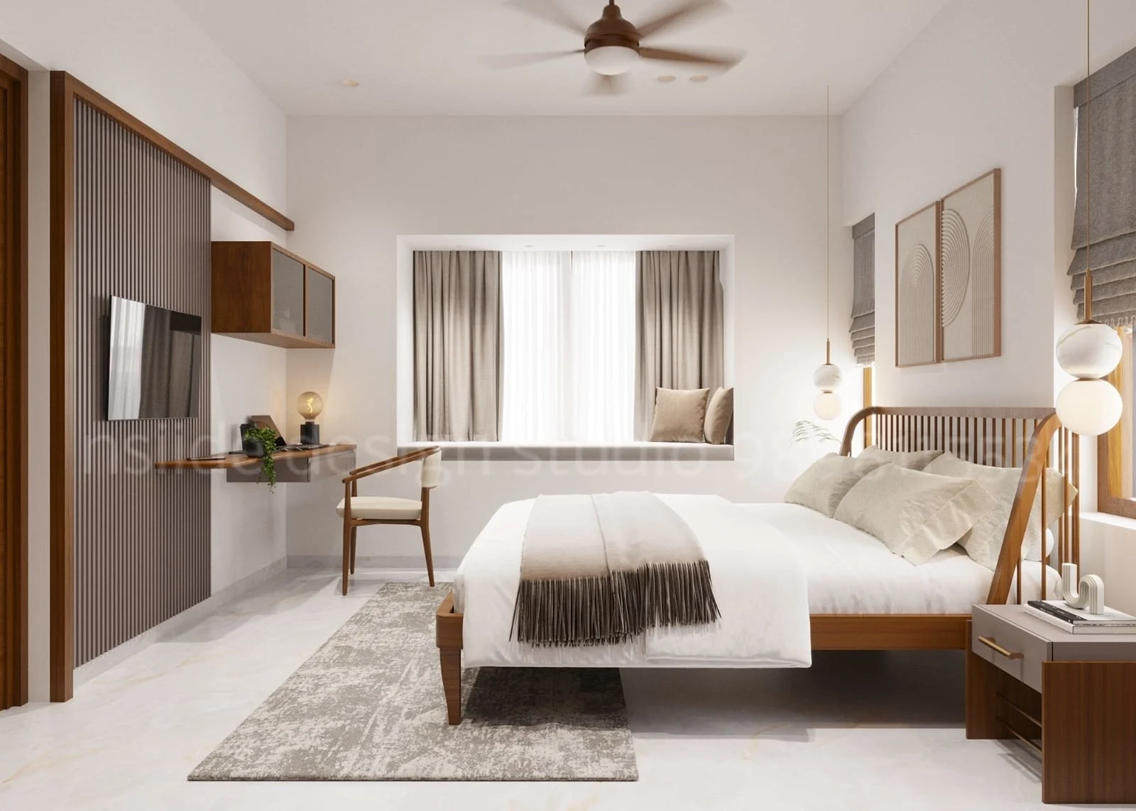 Minimal bedroom design with wooden bed, beige bedding, wall art, built in study desk and soft curtain window seat