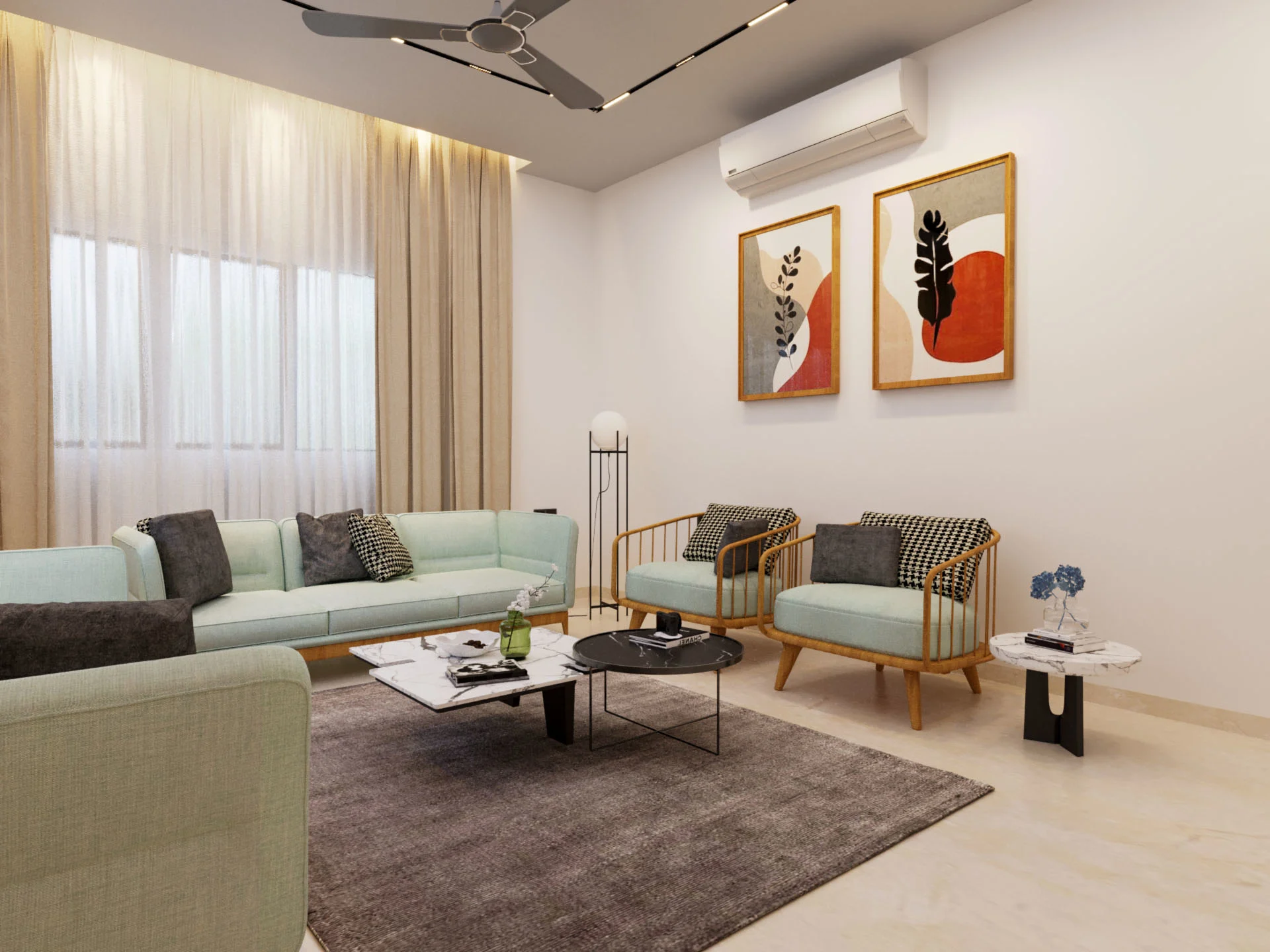 Modern living room featuring mint green sofas, wooden chairs, abstract wall art, marble coffee table, and minimal decor