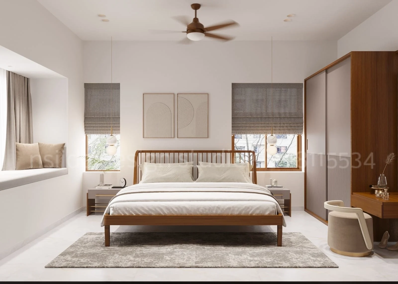 Bright bedroom interior with wooden bed wall mounted study desk window seating and soft neutral decor