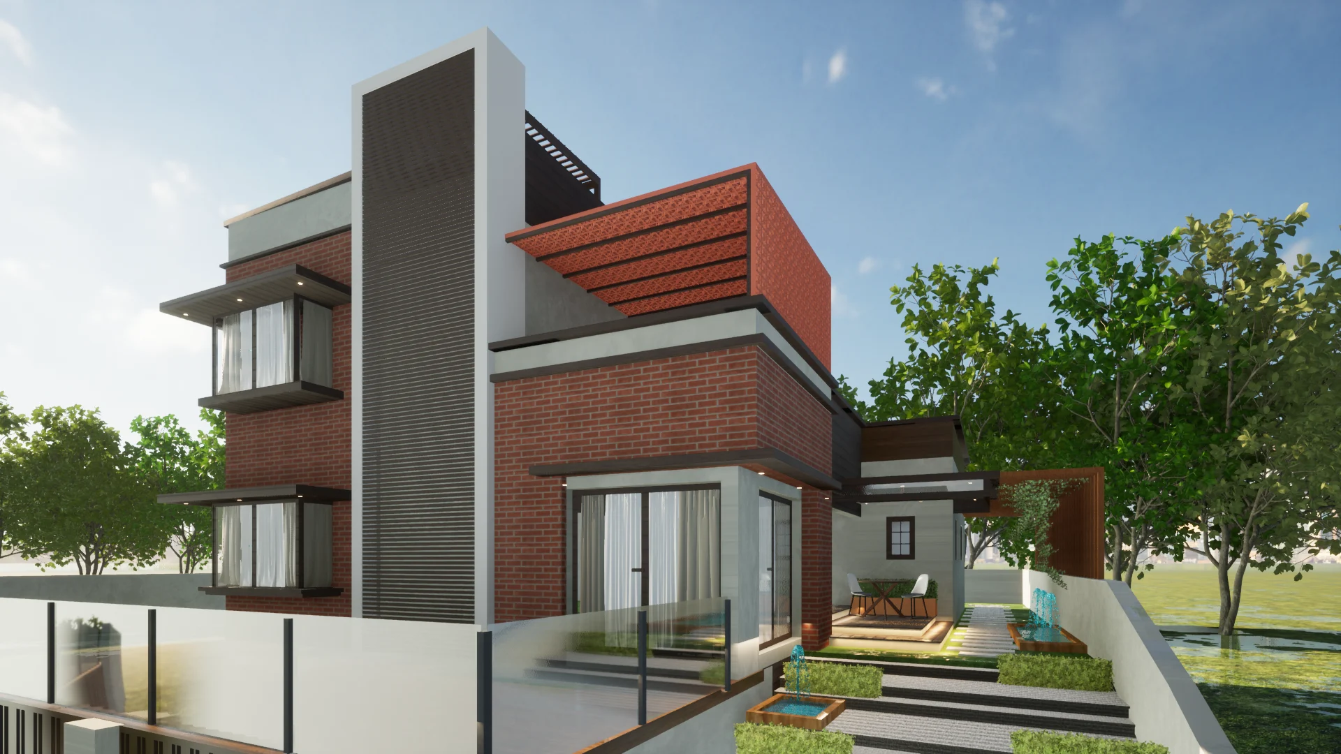 Contemporary two storey brick house elevation with glass balcony railing terrace pergola and landscaped front steps