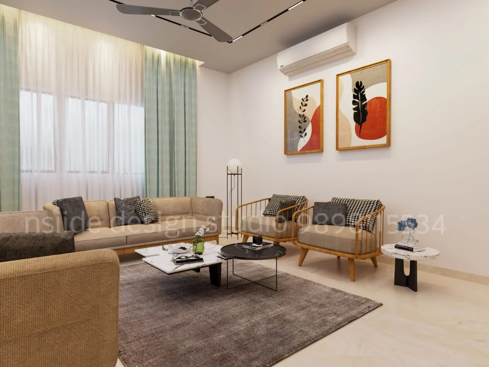 Modern living room interior with beige sofa, wooden accent chairs, marble coffee table, soft curtains, and warm neutral decor