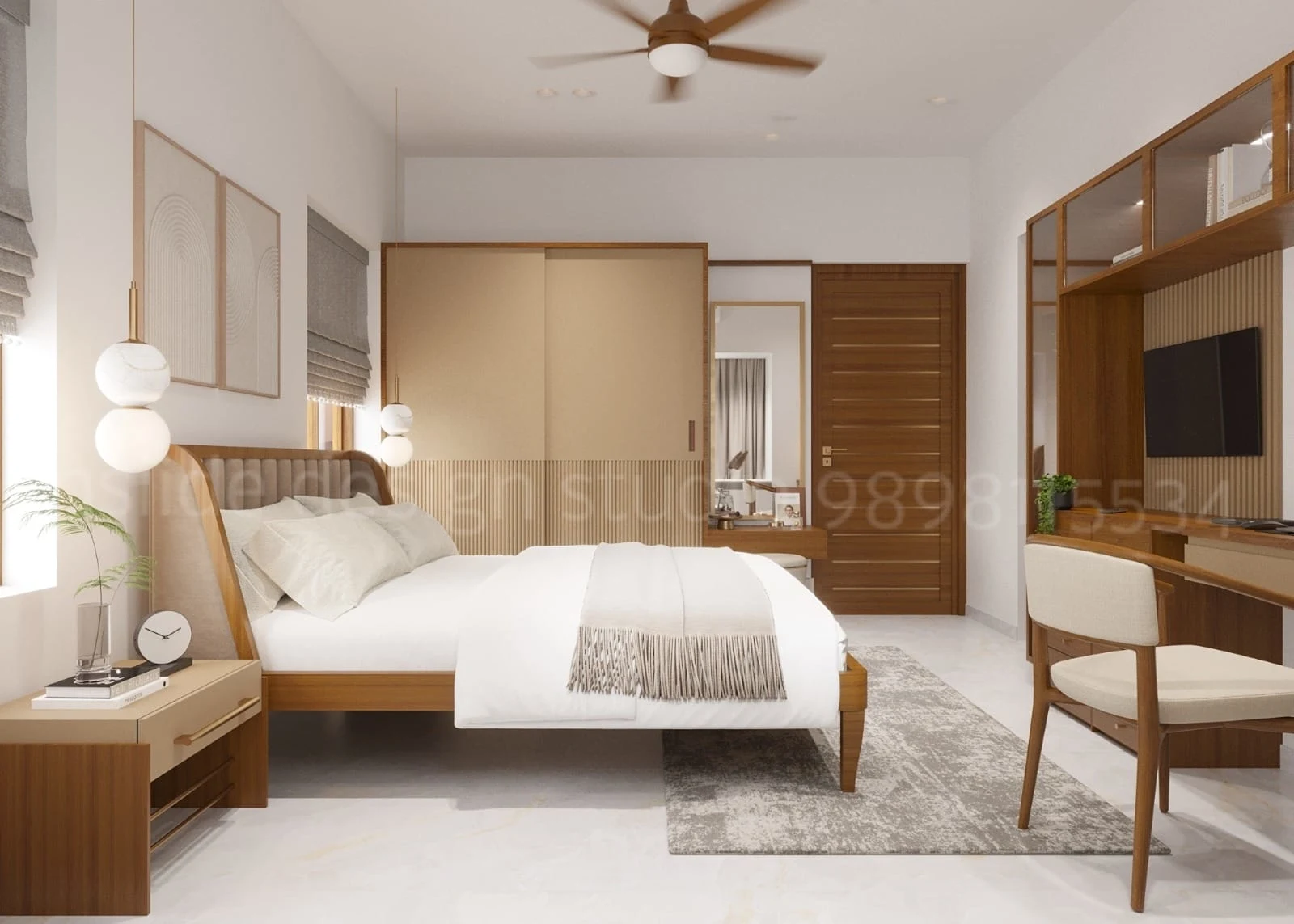 Modern master bedroom with wooden bed frame study desk wardrobe soft neutral palette and ceiling fan