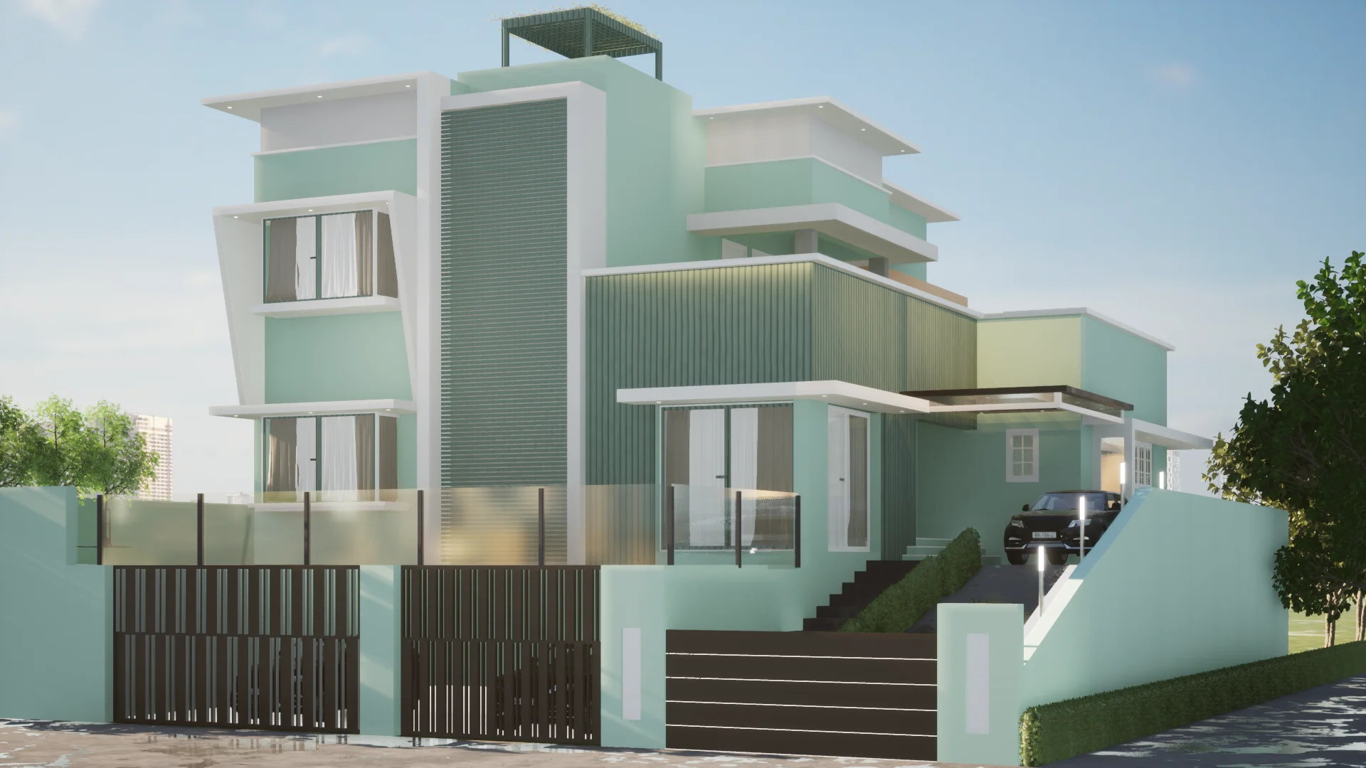 Modern villa exterior featuring green and white facade, balcony glass railing, compound gate, and contemporary architecture