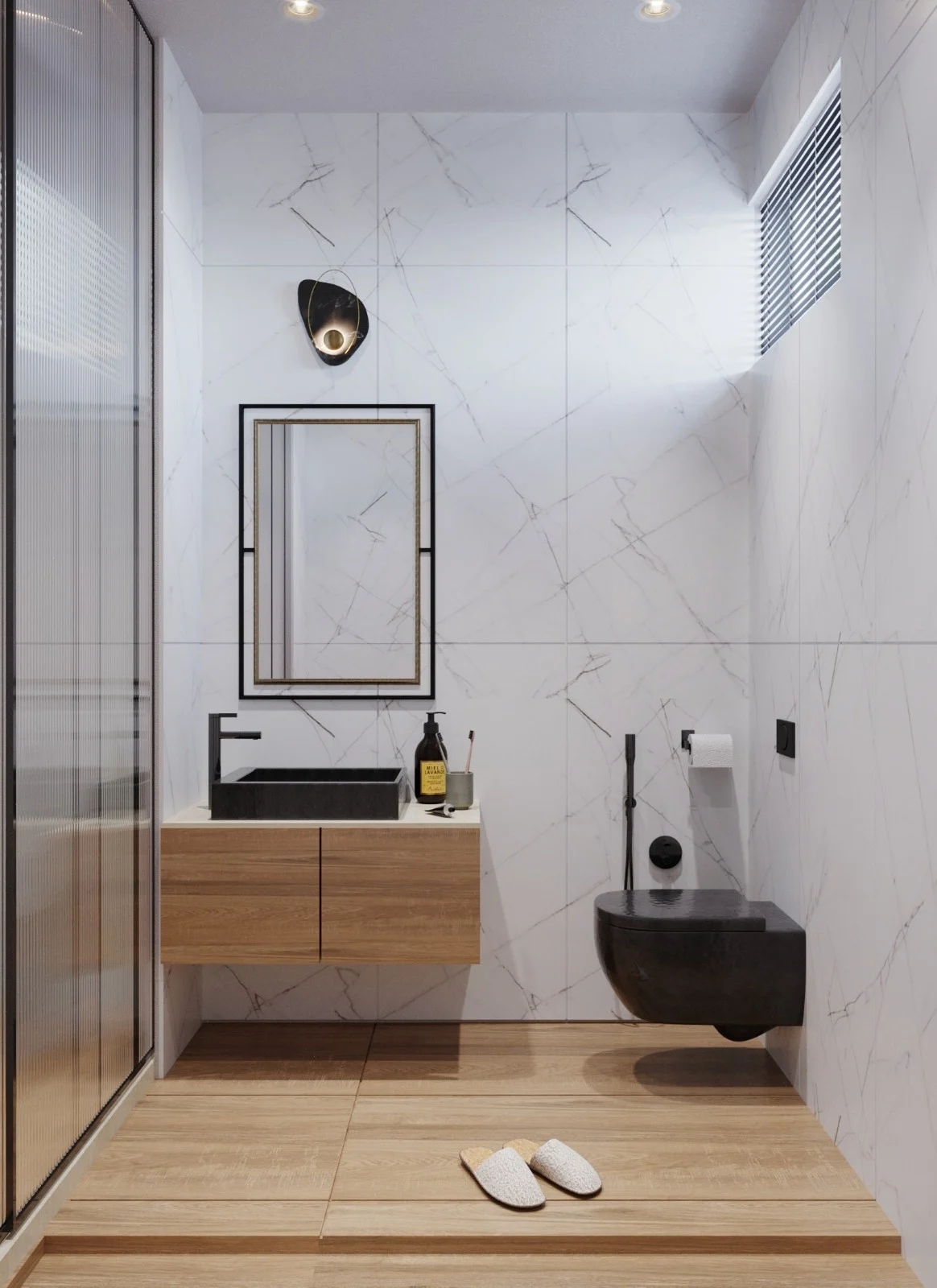 Modern bathroom interior featuring floating wooden vanity, black wash basin, wall mirror, marble finish tiles, and minimal fittings