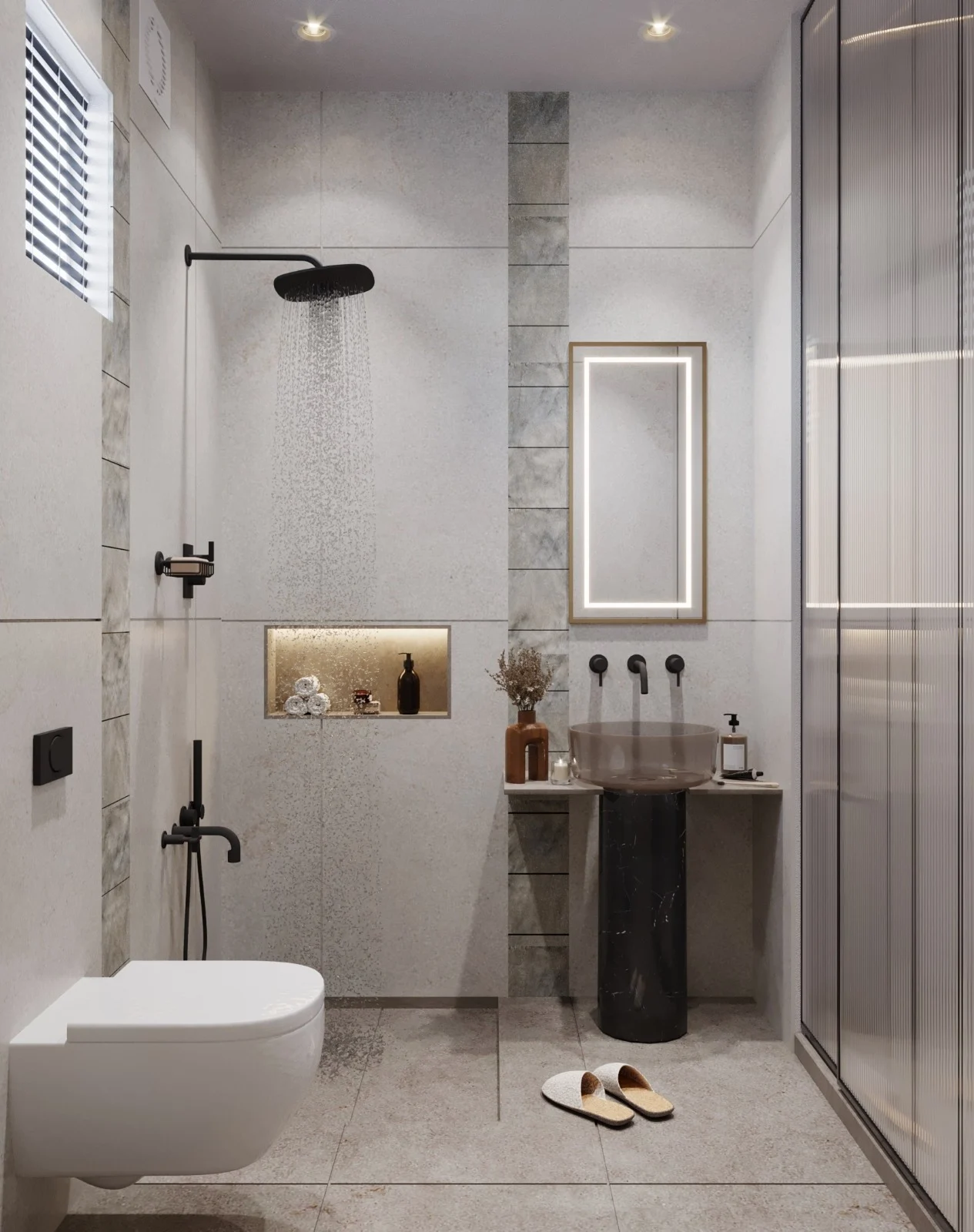 Modern small bathroom interior with wall mounted toilet, rainfall shower, pedestal wash basin, LED mirror, niche storage and glass shower partition