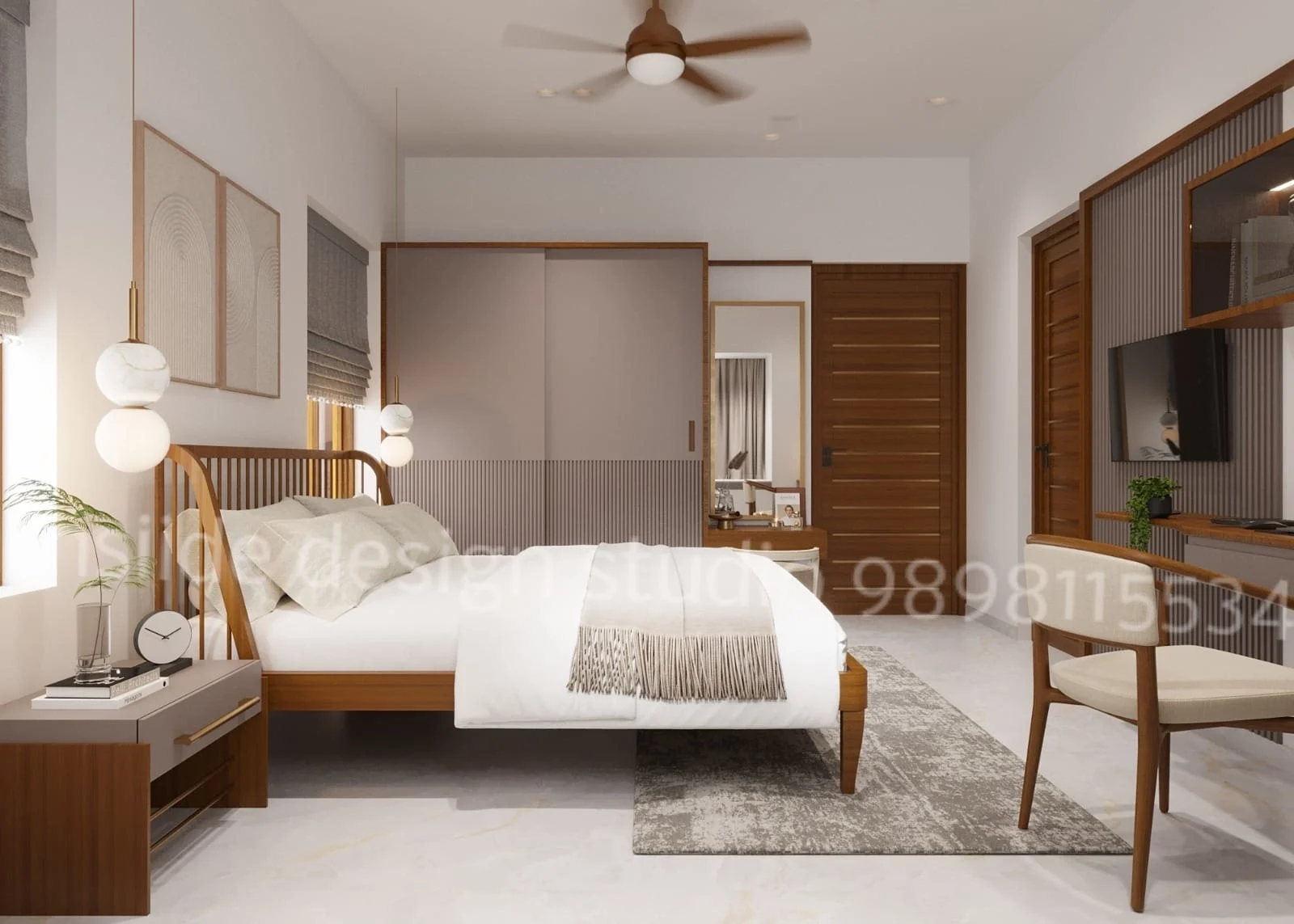 Modern master bedroom featuring wooden bed, soft neutral bedding, pendant lights, ceiling fan, and minimal decor styling