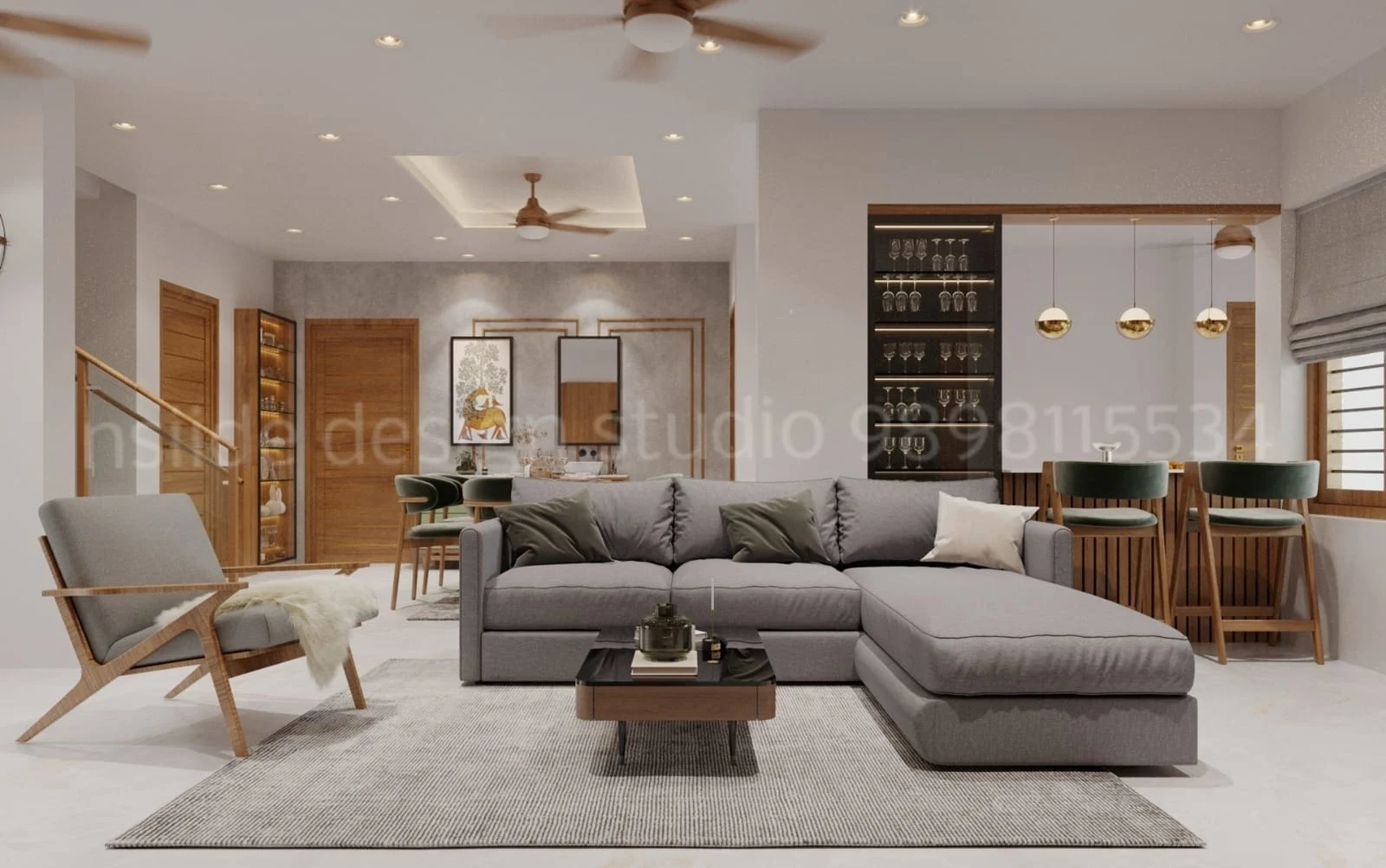 Open living space with grey sectional sofa wooden bar counter glass shelves pendant lights and modern decor