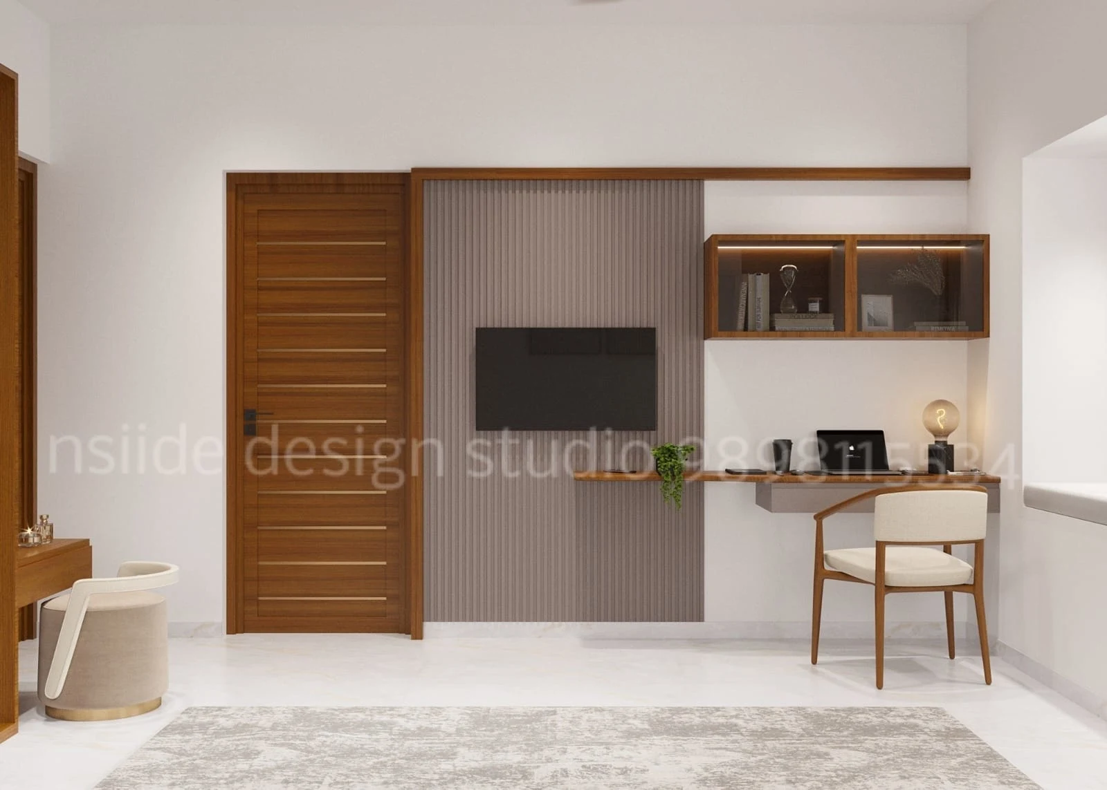 Modern TV unit with vertical paneling, wooden desk, wall-mounted shelves, and minimal home office interior setup