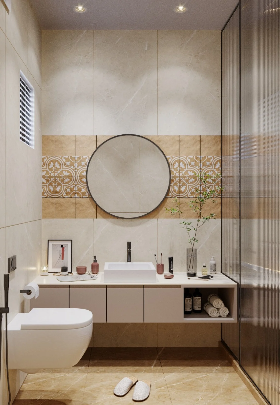 Contemporary bathroom interior with round mirror, floating vanity unit, patterned accent tiles and wall mounted toilet