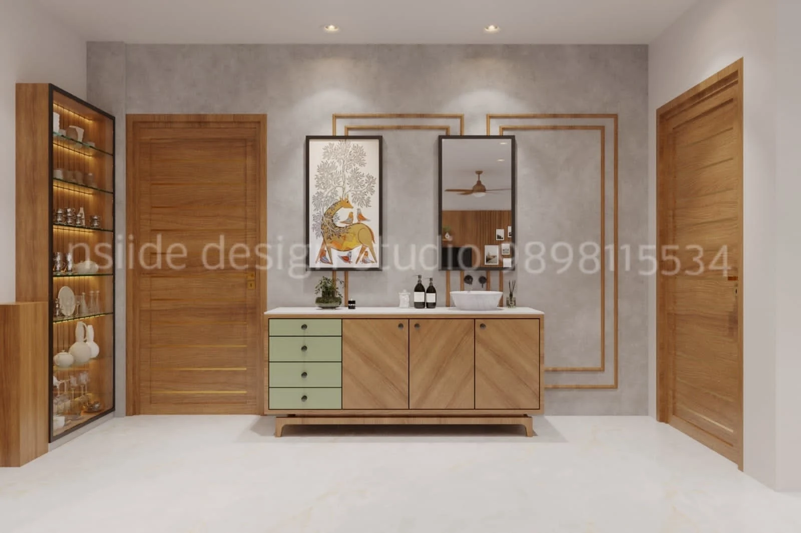 tylish wash basin area with wooden vanity unit, decorative mirrors, textured wall finish, and soft ambient lighting