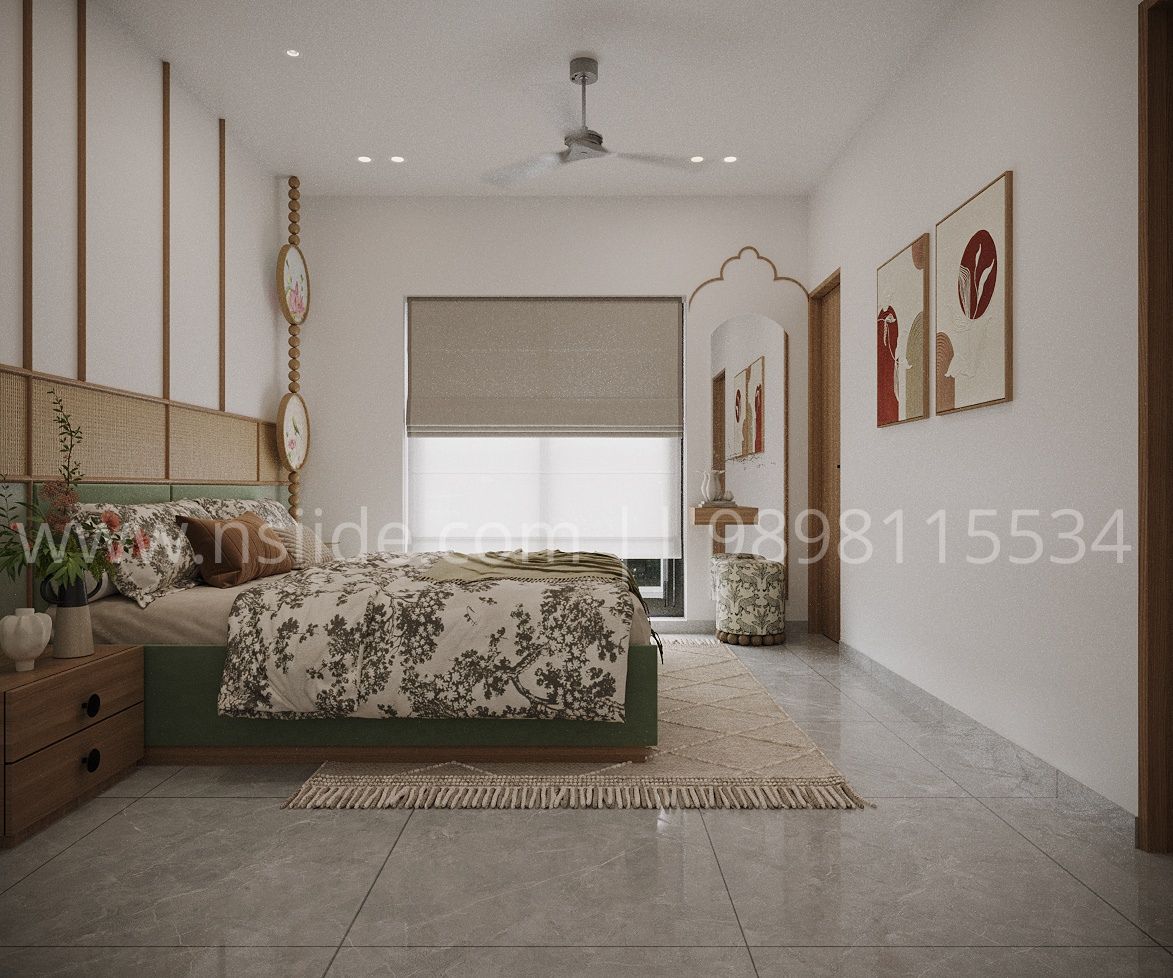 Interior green and wood bedroom design