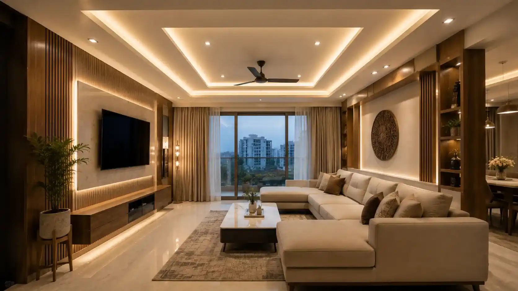 Modern false ceiling design for a living room in Rajkot with LED lighting