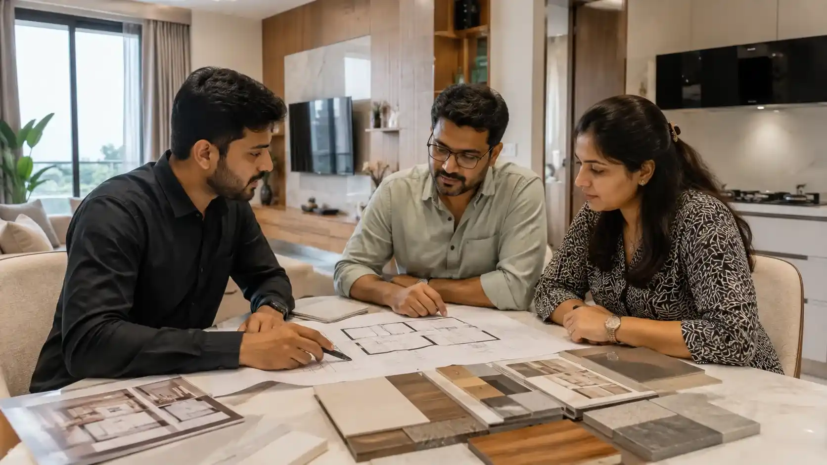 Interior designer consulting with homeowners about a Rajkot home project