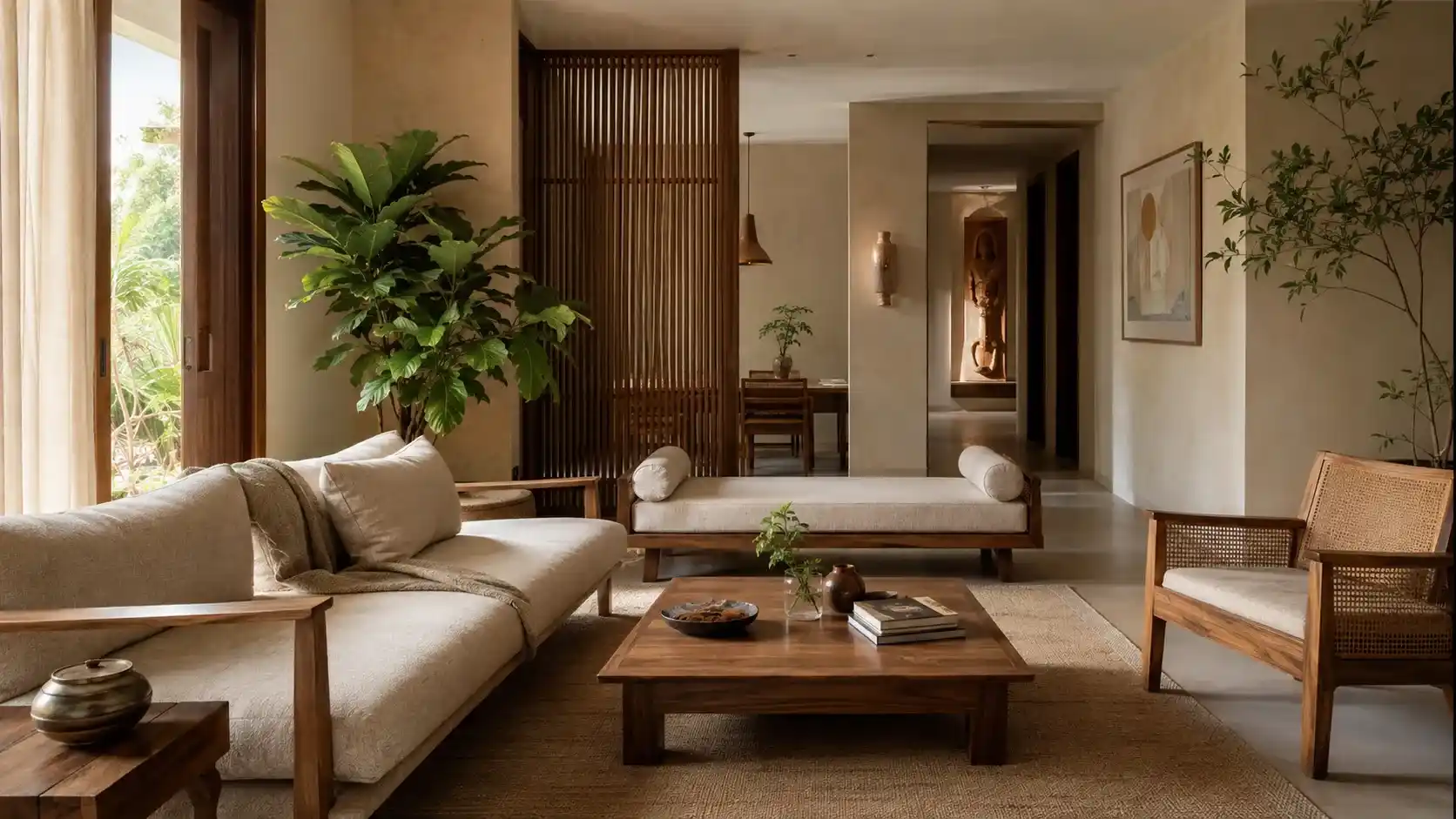 Warm minimalist interior design with natural materials for Indian homes