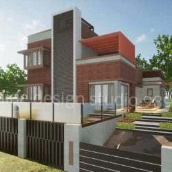 architectural design featuring clean geometric forms, brick and white exterior finishes, large windows and a stepped landscape with glass railing details.